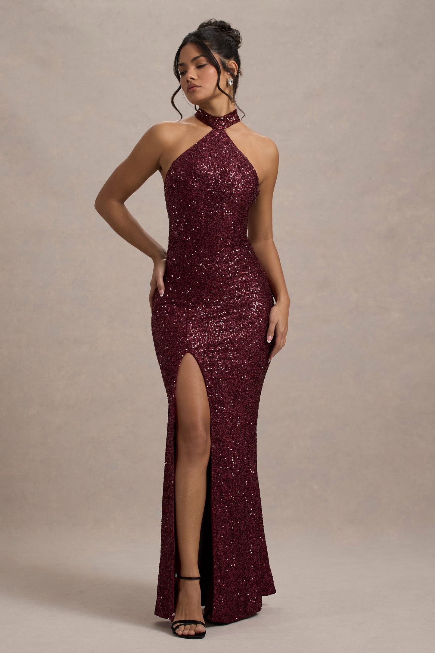 On The Rise | Berry Sequin High-Neck Strappy-Back Split Maxi Dress
