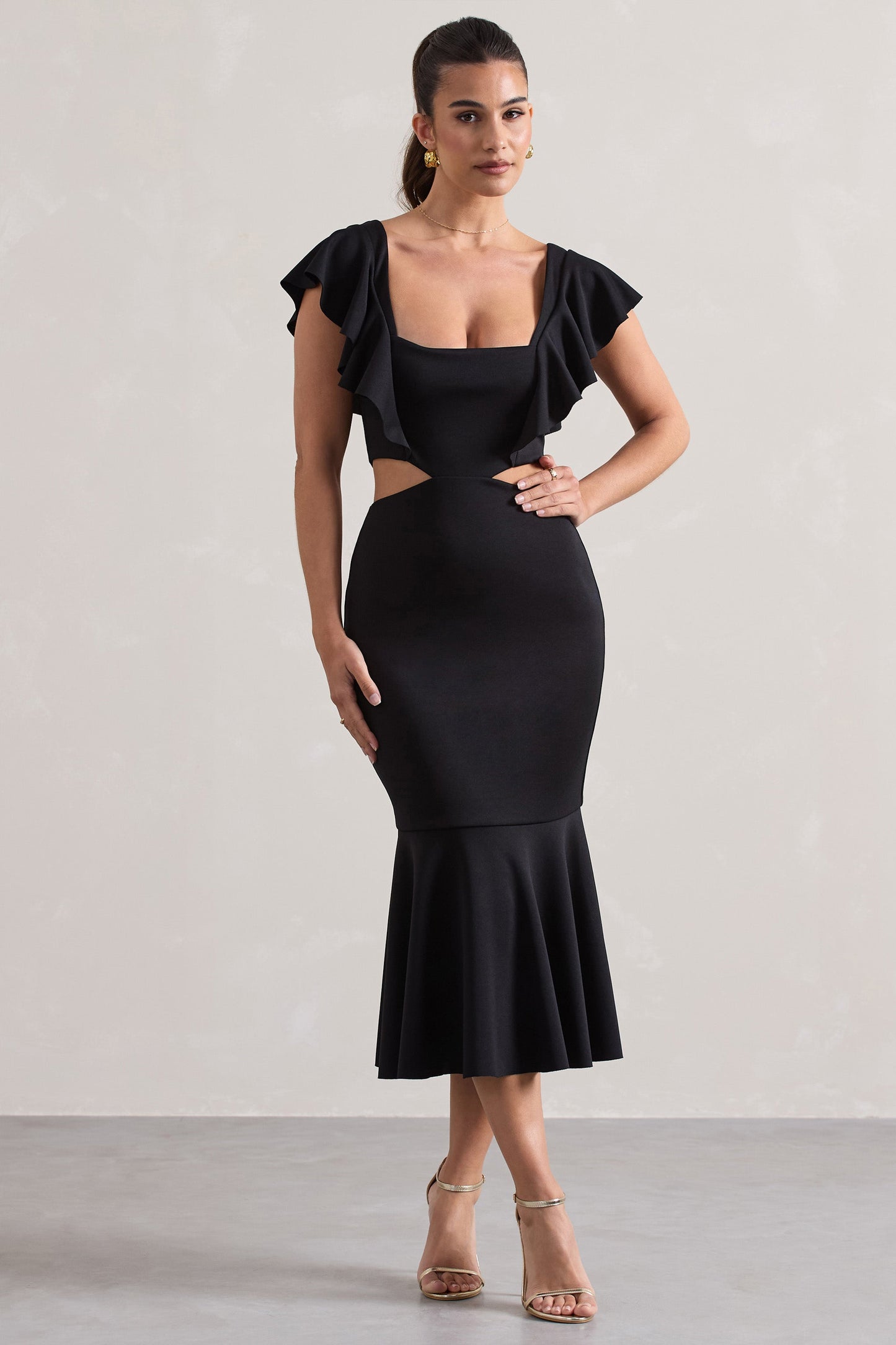 Macey | Black Square-Neck Cut-Out Ruffled Midi Dress