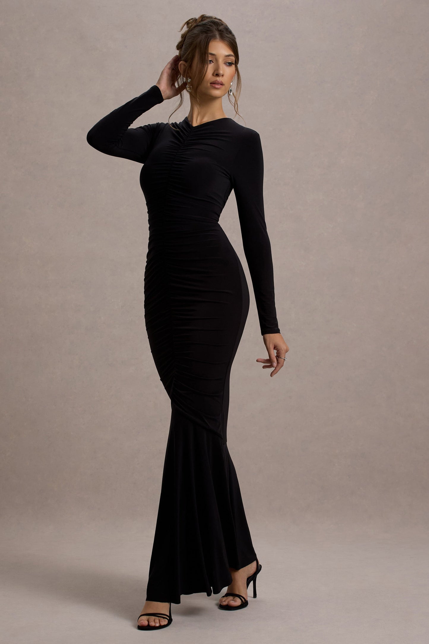 Kalilah | Black Long-Sleeve Ruched Maxi Dress
