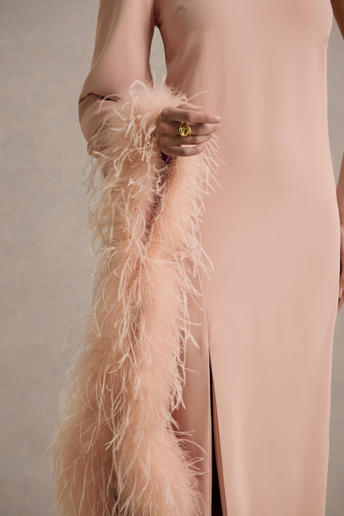 Armina | Blush Pink One-Shoulder Feather-Trim Maxi Dress