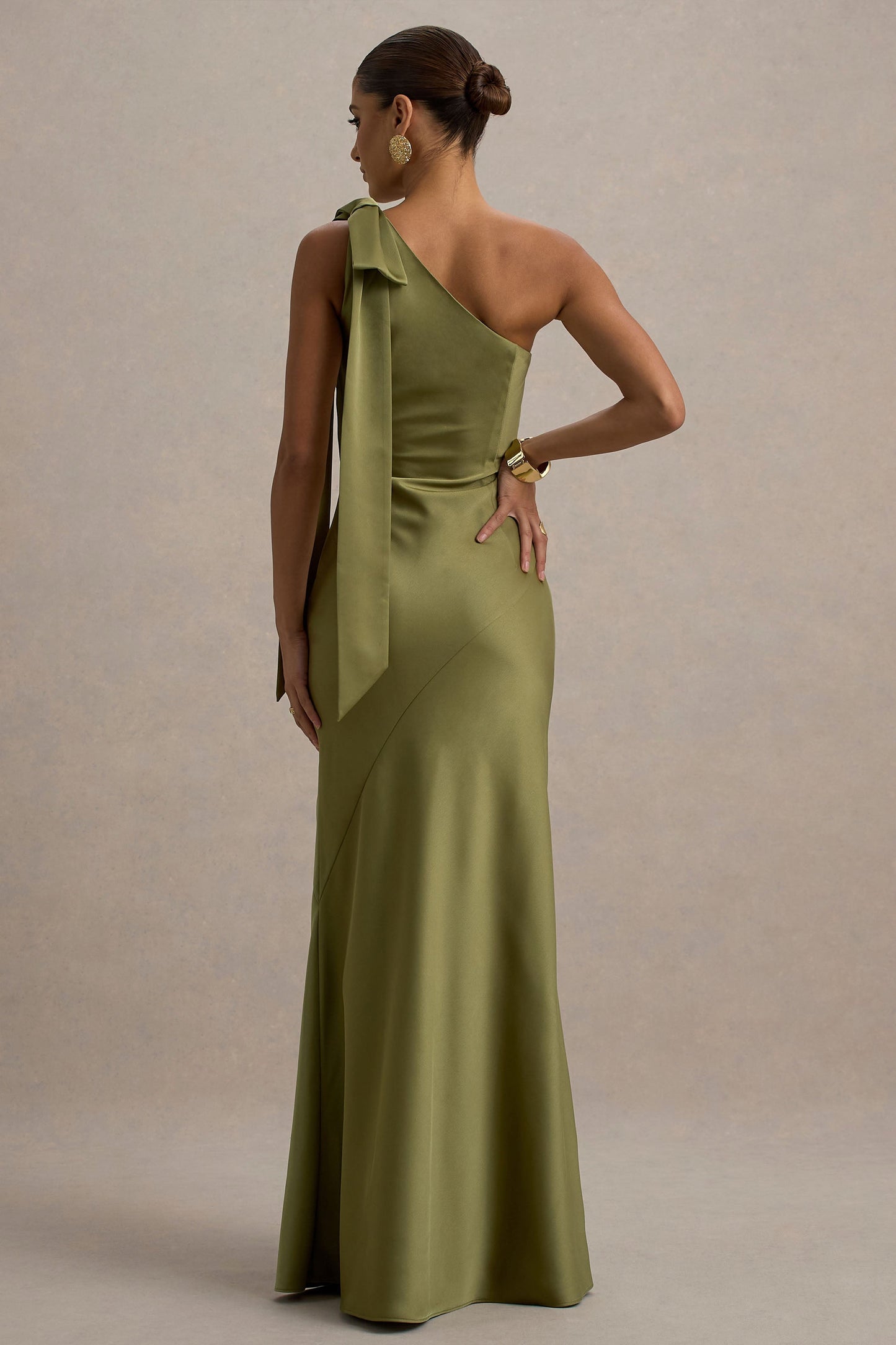 Here For Love | Khaki Satin Asymmetric Maxi Dress With Bow