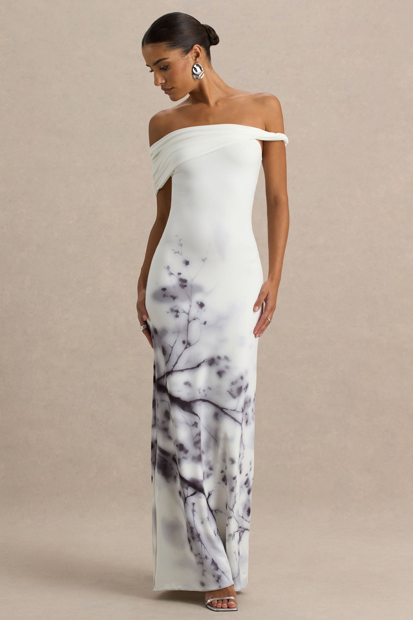Sachi | White Print Twisted Bardot Maxi Dress
