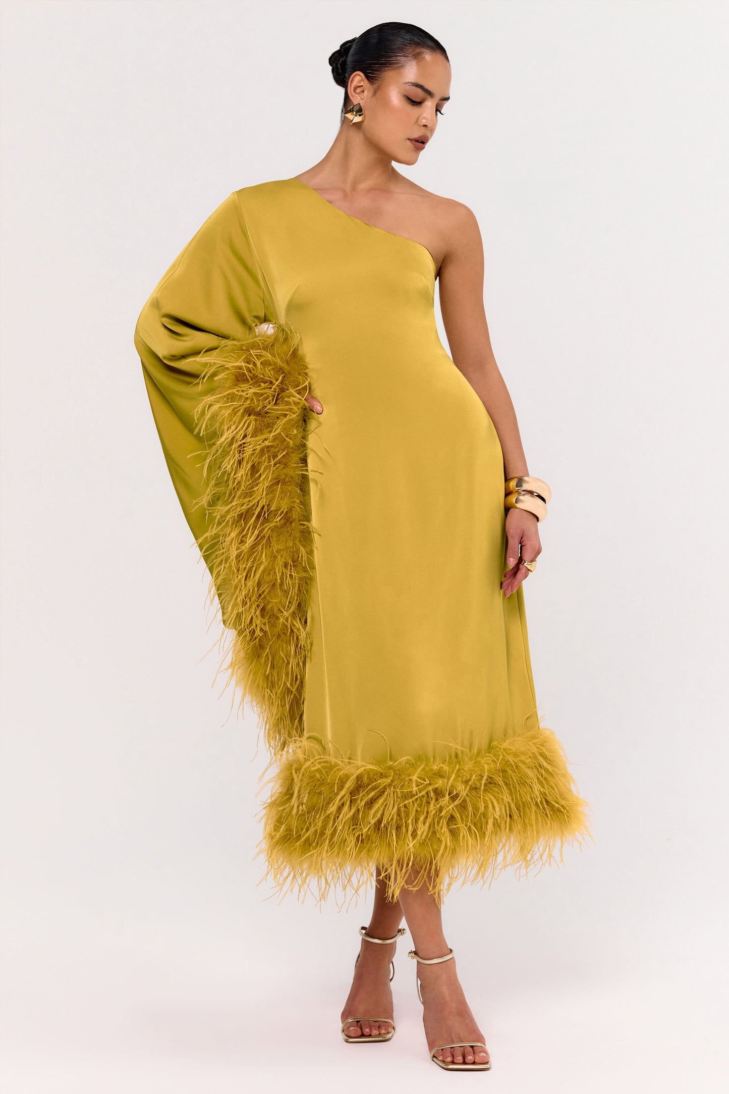 Destiny | Yellow Satin Asymmetric-Neck Midi Dress With Feather Details