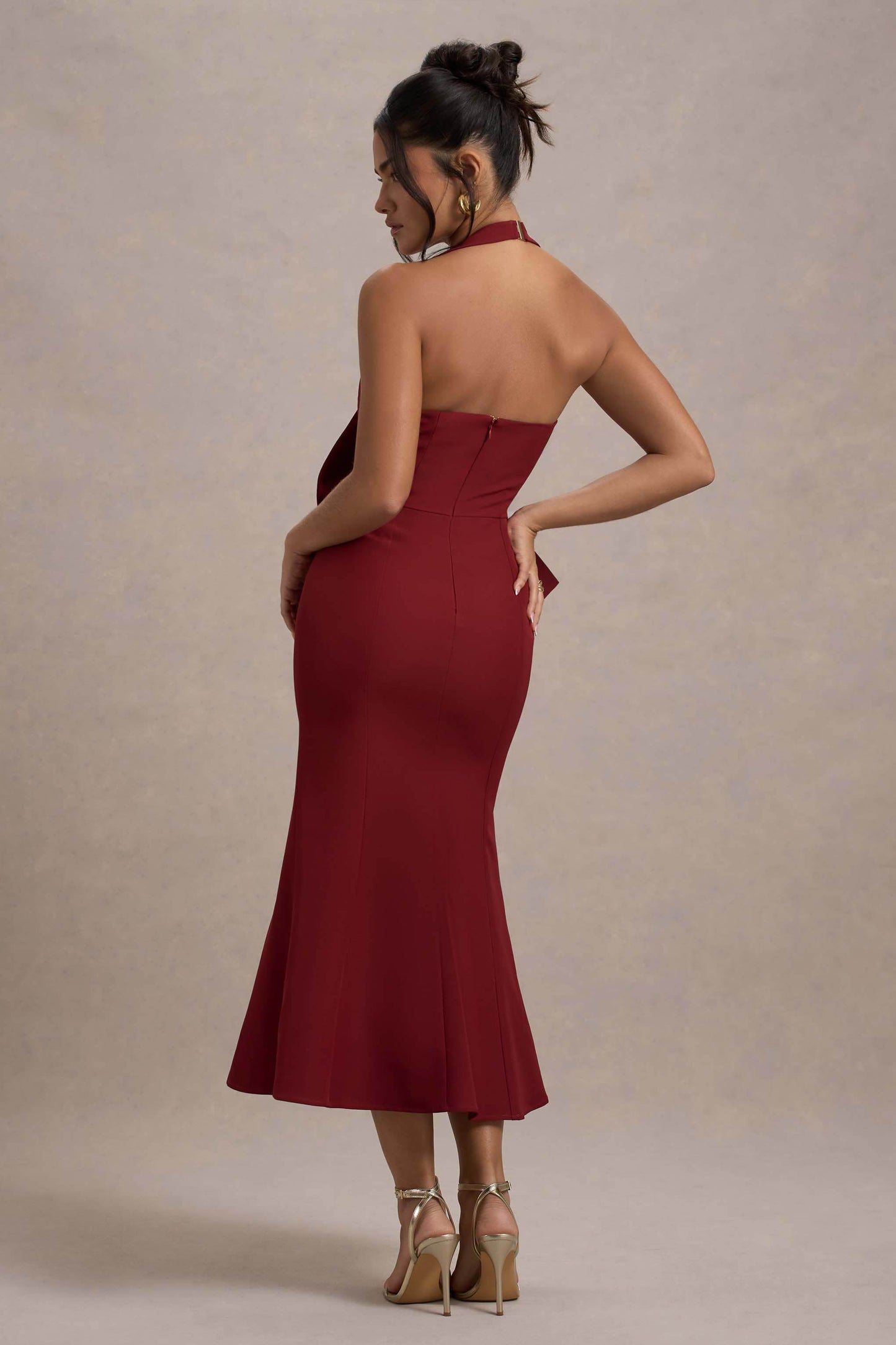 Aman | Berry Halter-Neck Midi Dress With Oversized Bow