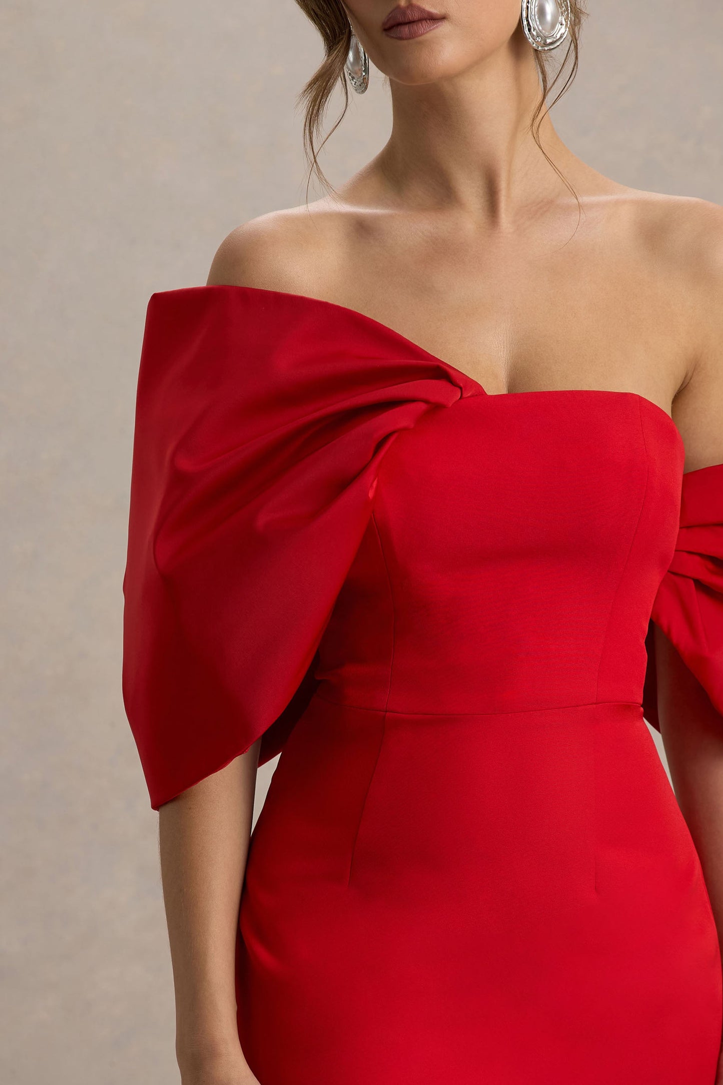 Lucille | Red Asymmetric Bardot Midi Dress