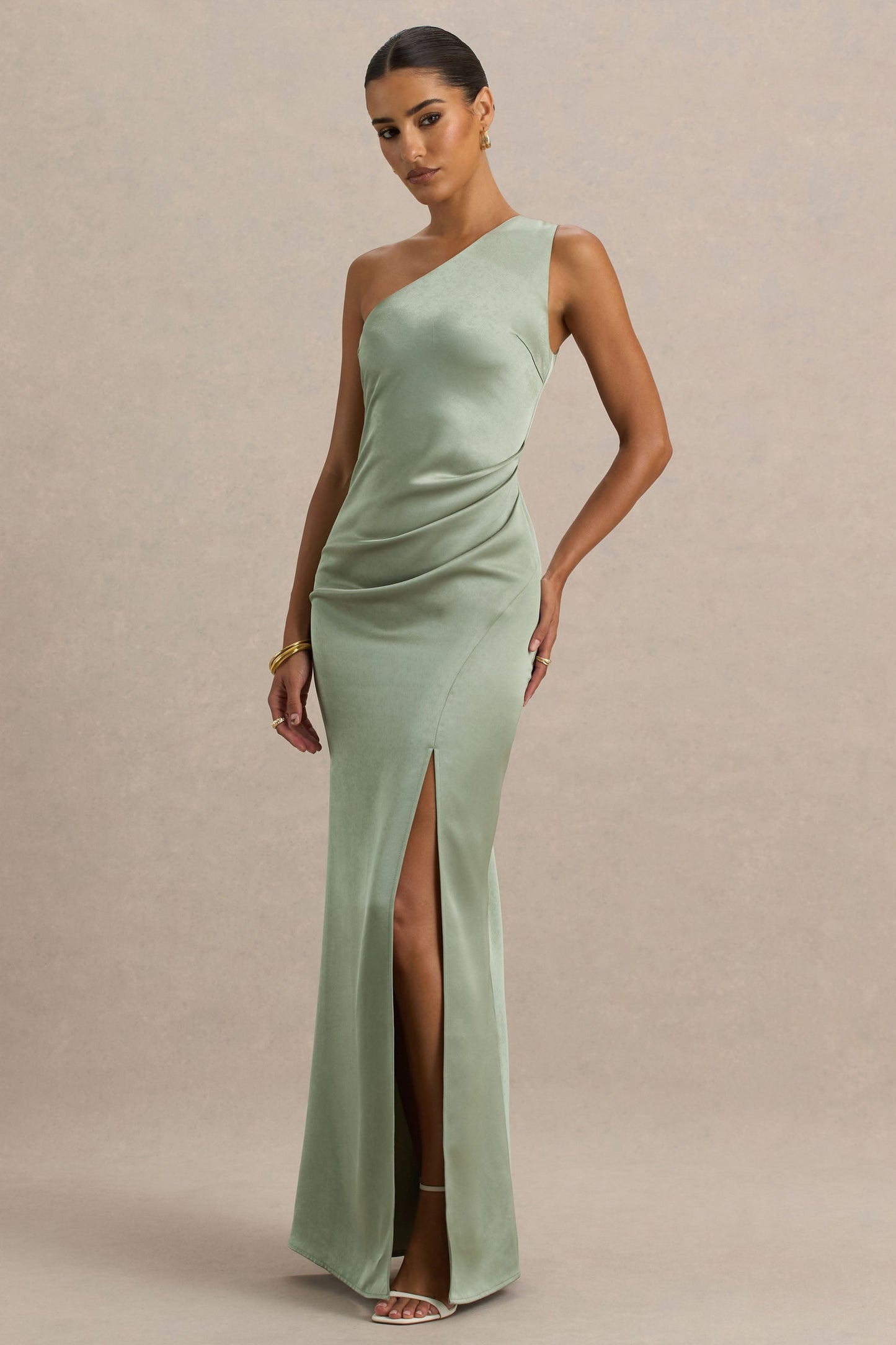 Beth | Sage Asymmetric Neckline High-Split Maxi Dress