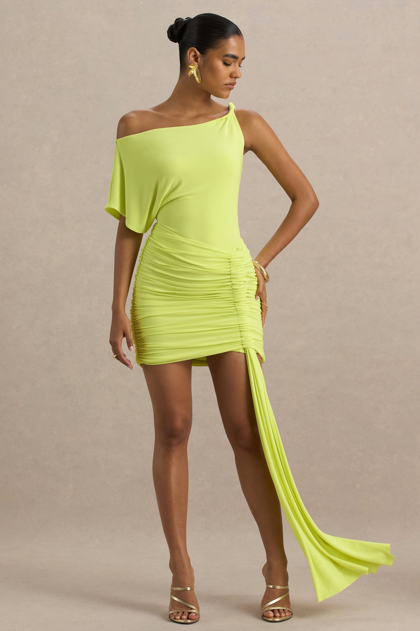 Marci | Lime Green Asymmetric Ruched Mini Dress With Sash
