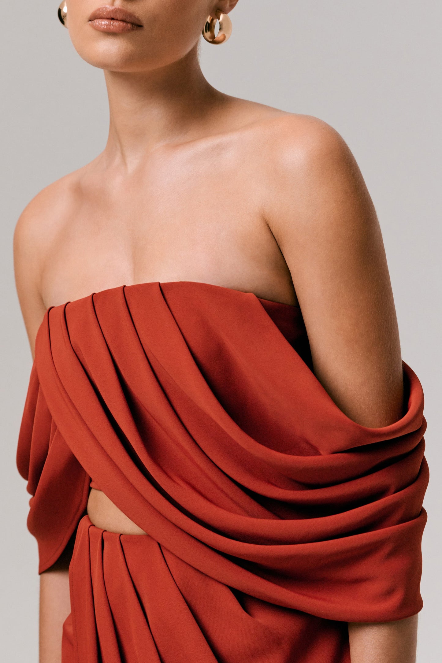 Talika | Terracotta Bardot Crop-Top With Draped Sleeves
