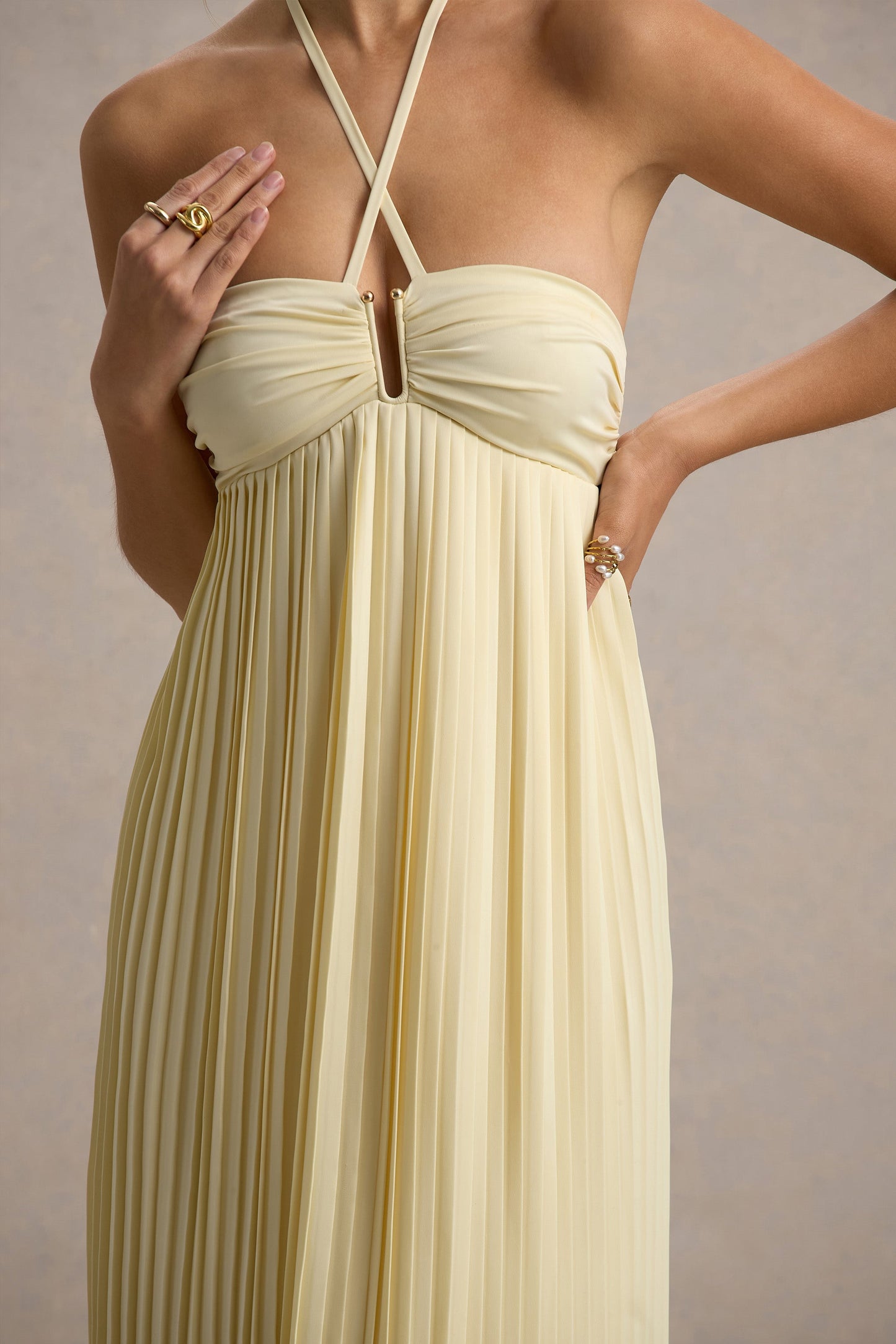 Elayne | Pale Lemon Halter-Neck Maxi Dress With Cut-Out Detail
