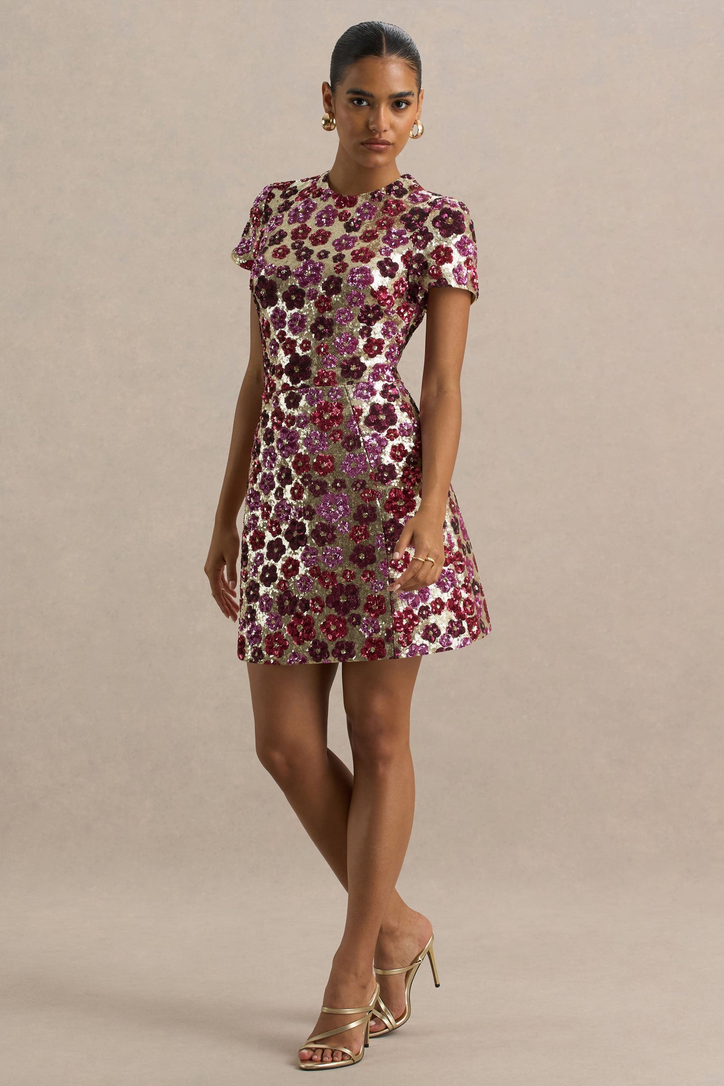 Eira | Pink Floral Sequin Crew-Neck Mini Dress