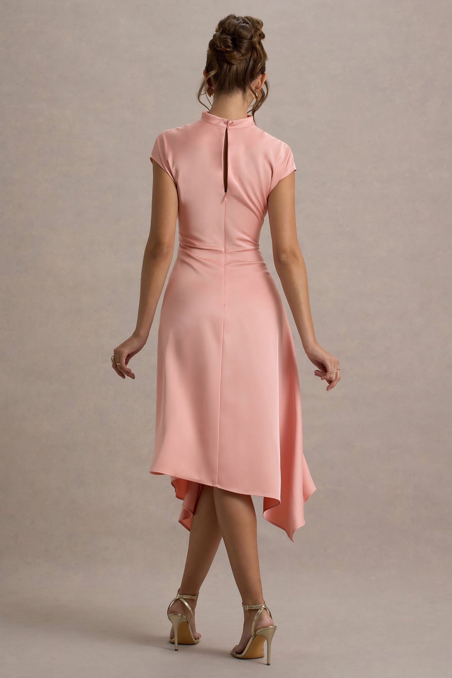 Velma | Light Pink Satin Midi Dress With Draped Hem