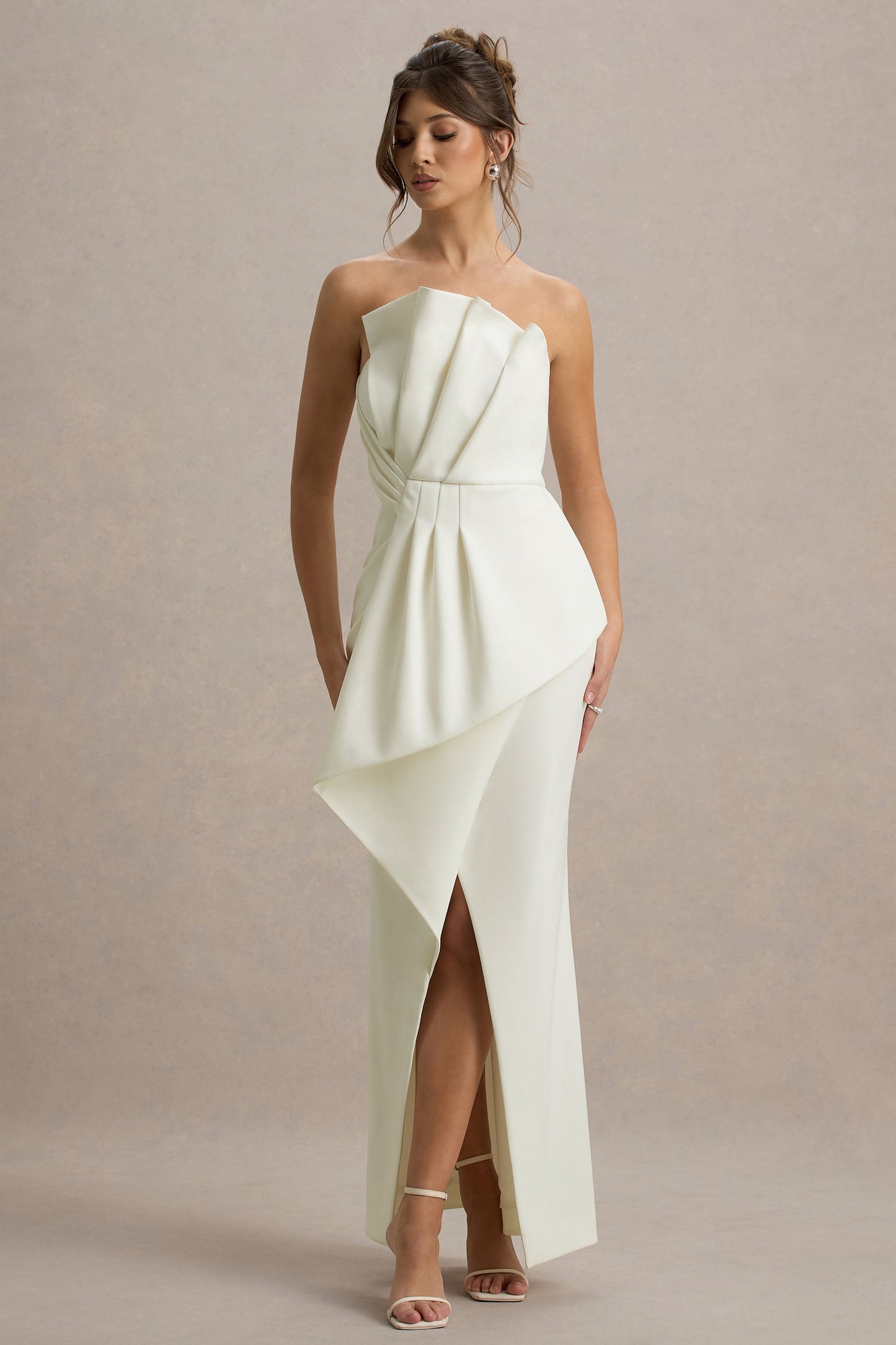 Dreamy Whispers | Cream Strapless Ruffle Split Maxi Dress
