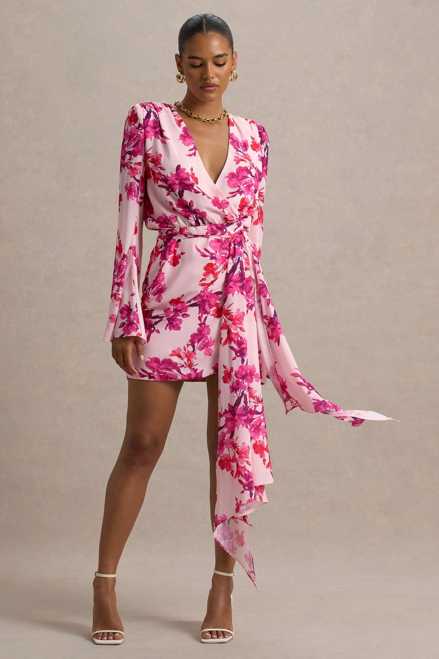 Goldie | Pink Floral Print Chiffon Long-Sleeve Wrap Mini Dress