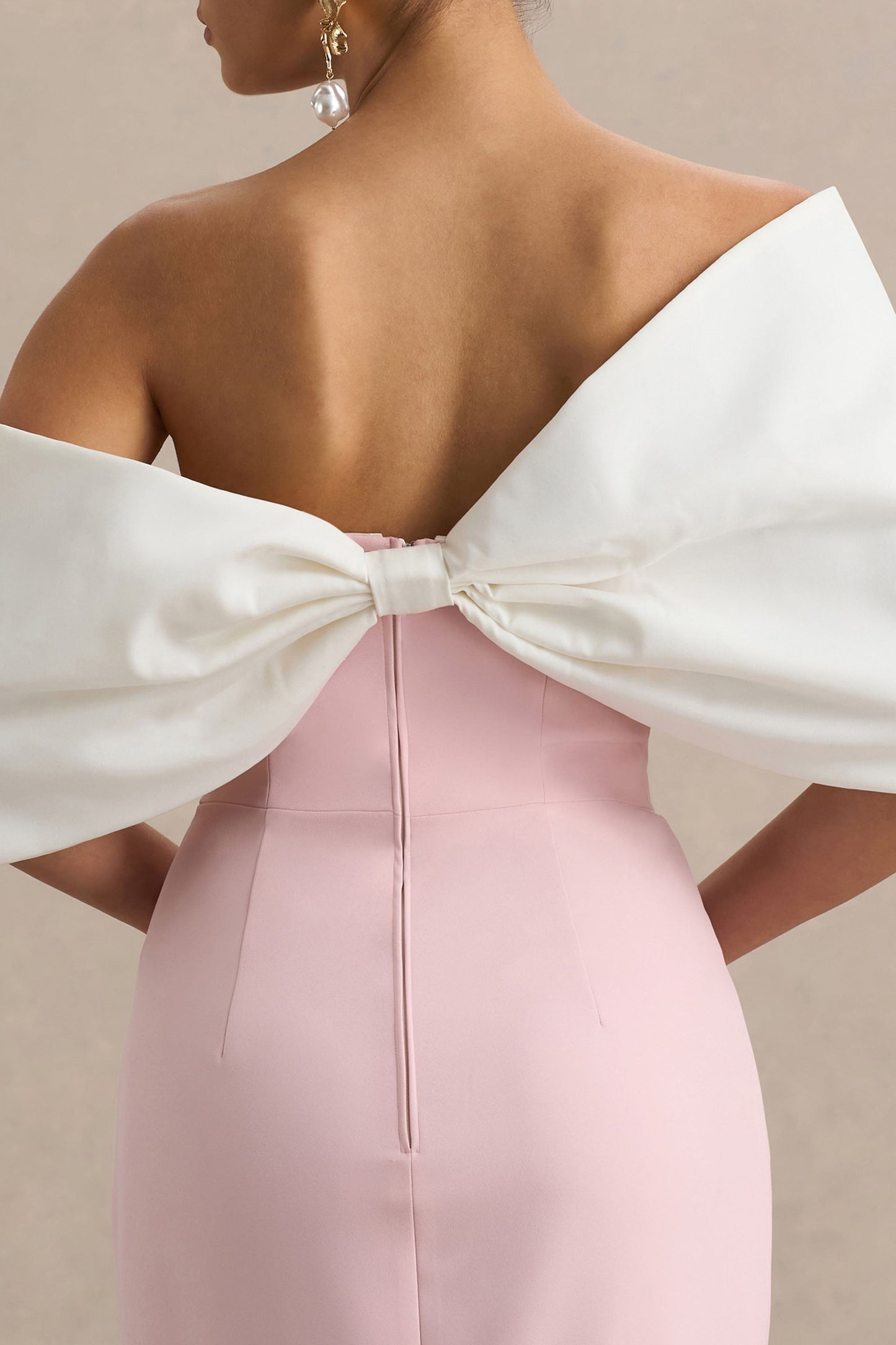 Lucille | Rose Pink & White Asymmetric Bardot Midi Dress