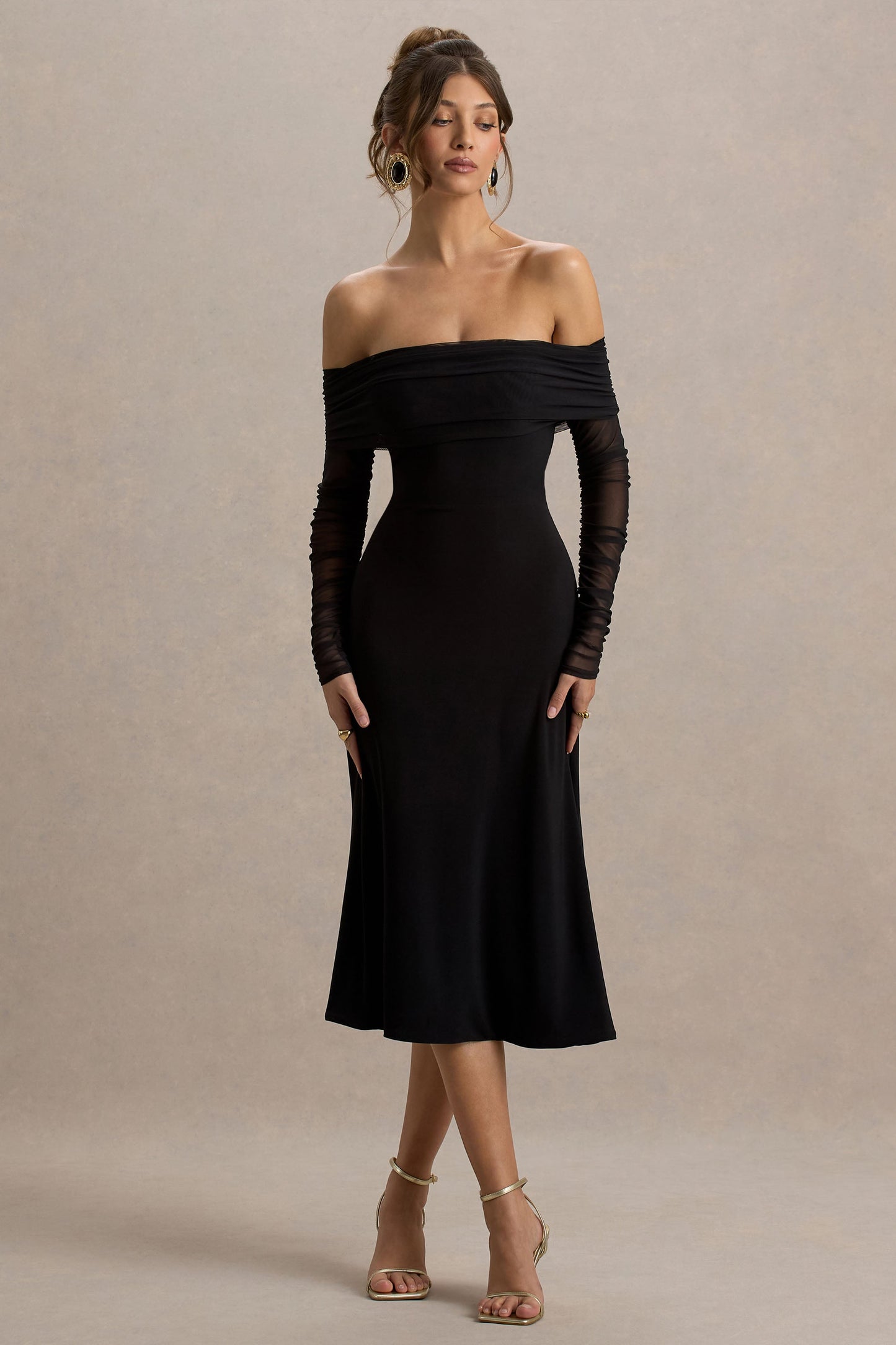 Flatter Me | Black Bardot Midi Dress With Mesh Sleeves