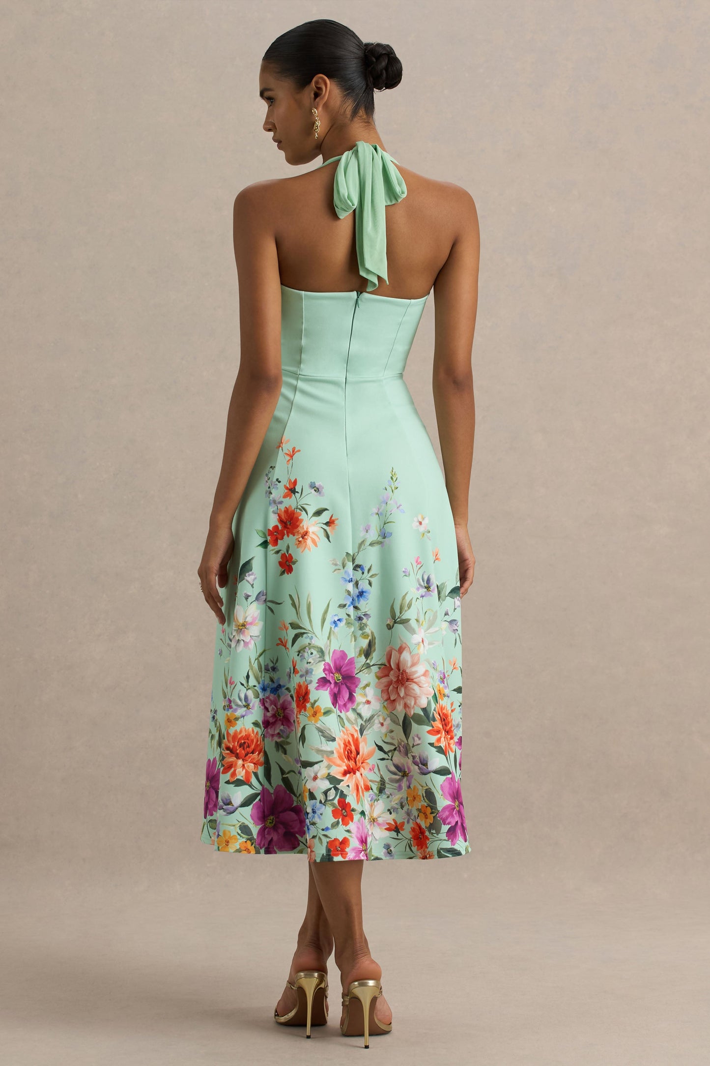 Auburn | Mint Placement Floral Halter-Neck Midi Dress