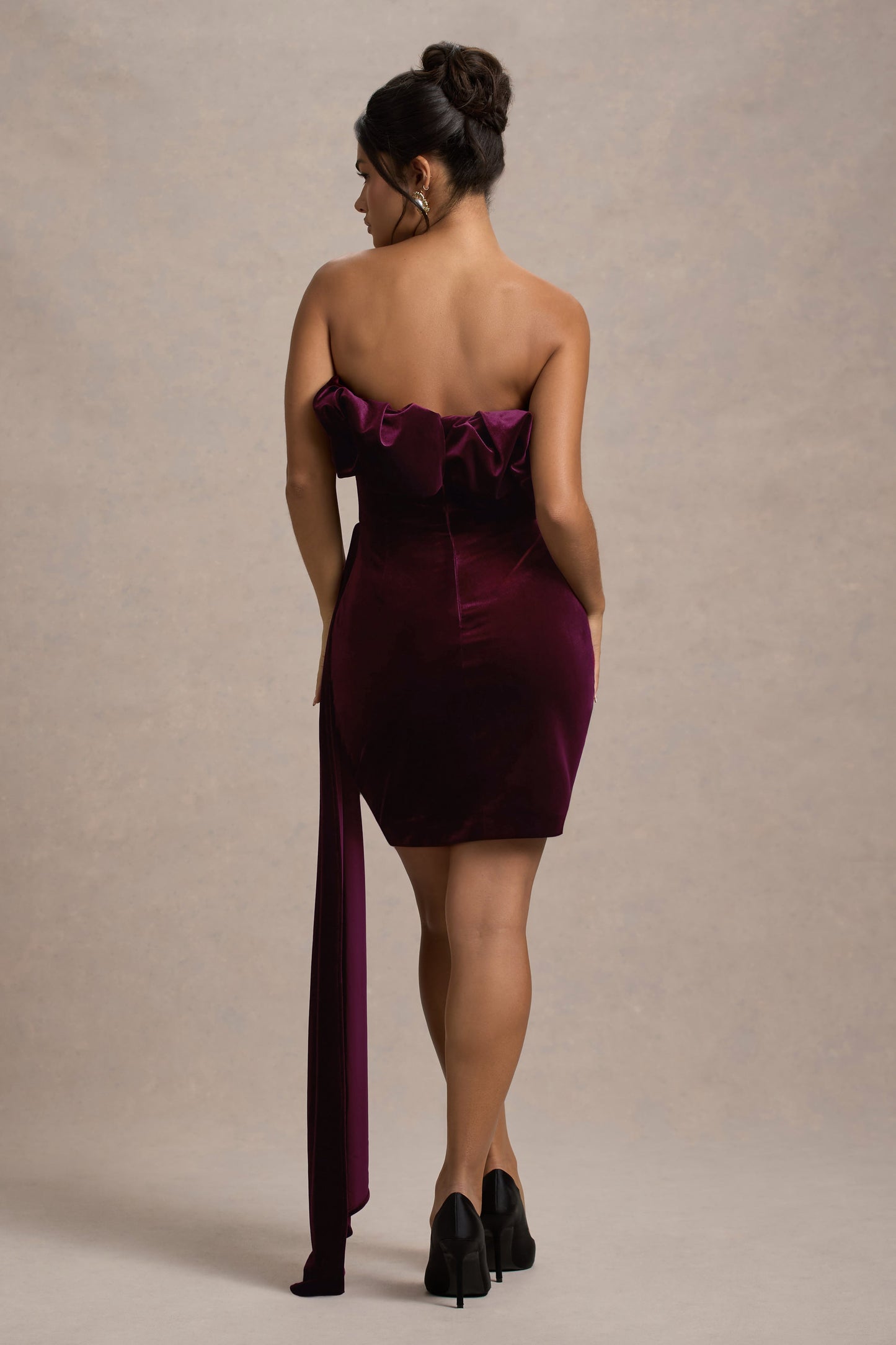 Ceronne | Plum Velvet Bandeau Mini Dress With Drape