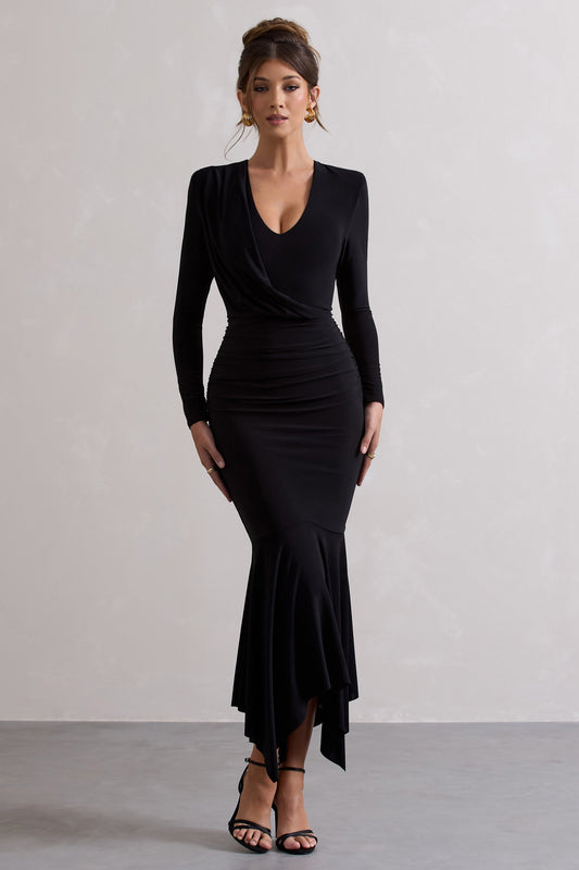 Milena | Black Plunge-Neck Maxi Dress With Draped Hem