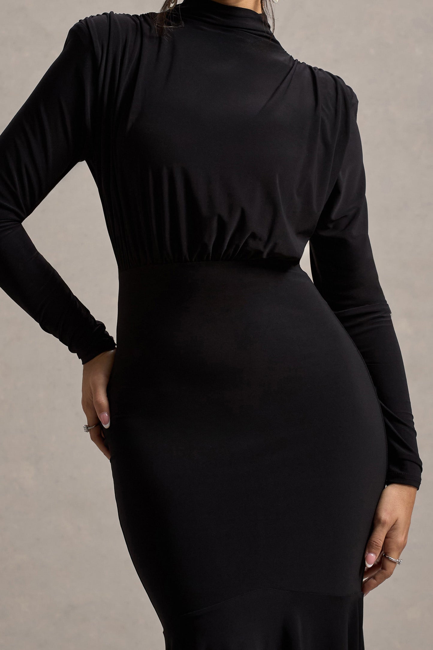Carla | Black High-Neck Maxi Dress With Draped Hem