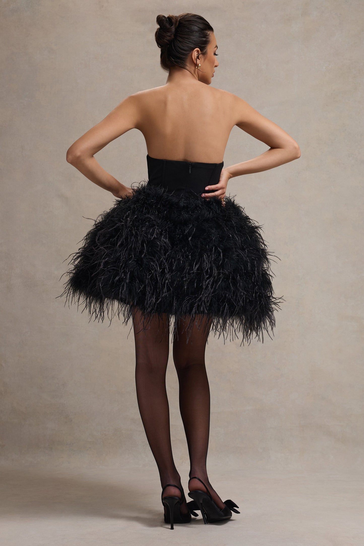 Peaches | Black Strapless Mini Dress With Volume Feather Hem