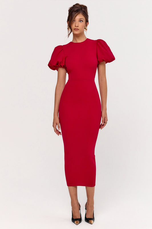 Dakota | Red Puff-Sleeve Midi Dress