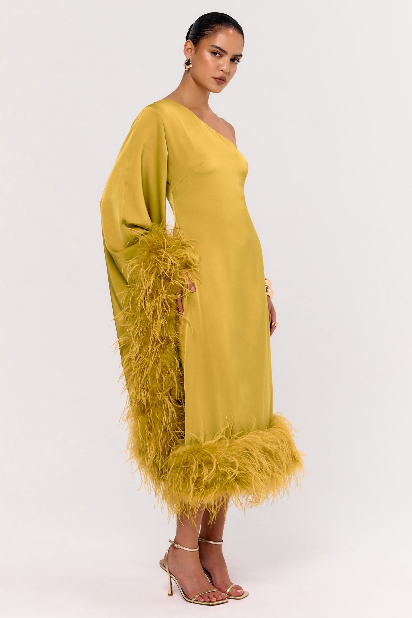 Destiny | Yellow Satin Asymmetric-Neck Midi Dress With Feather Details