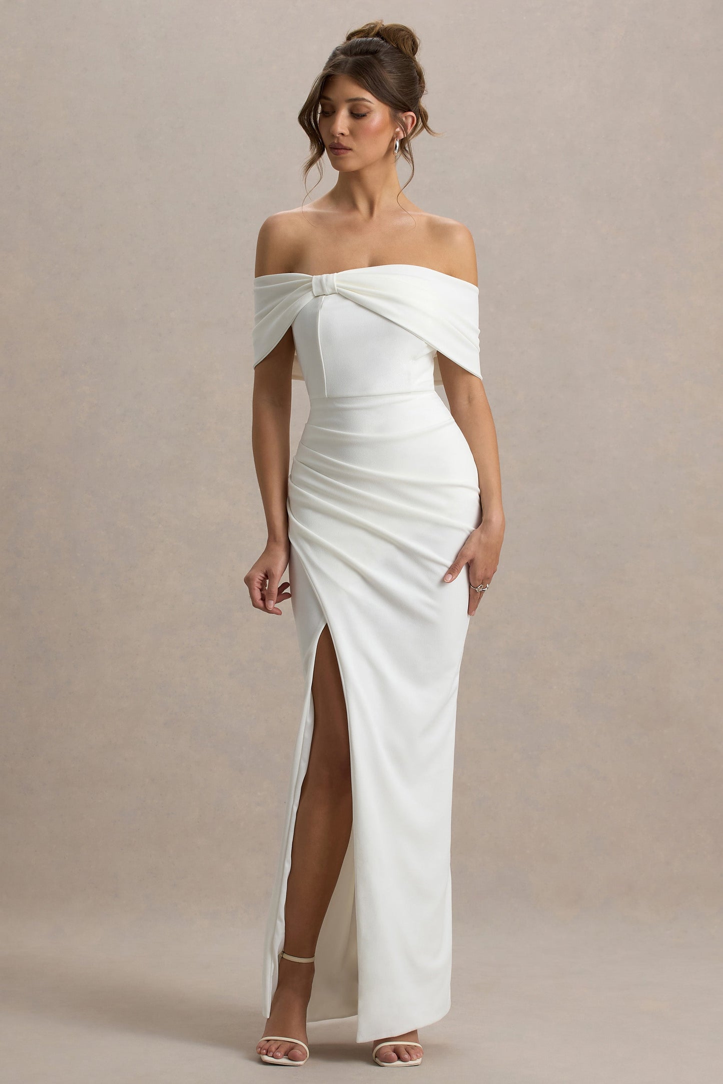 Eva | White Bardot Bow Detail Maxi Dress With Thigh Split