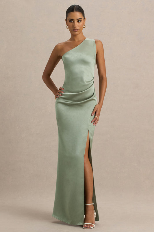 Beth | Sage Asymmetric Neckline High-Split Maxi Dress