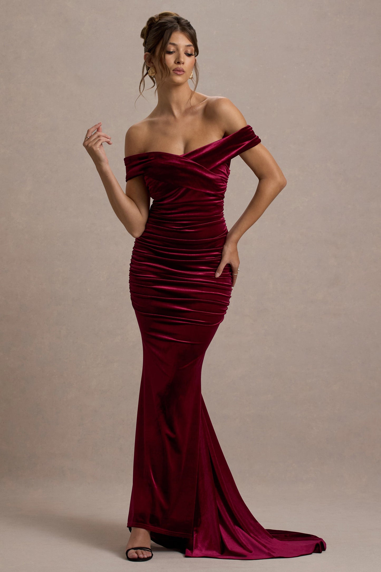 Apolline | Berry Velvet Off The Shoulder Ruched Fishtail Maxi Dress