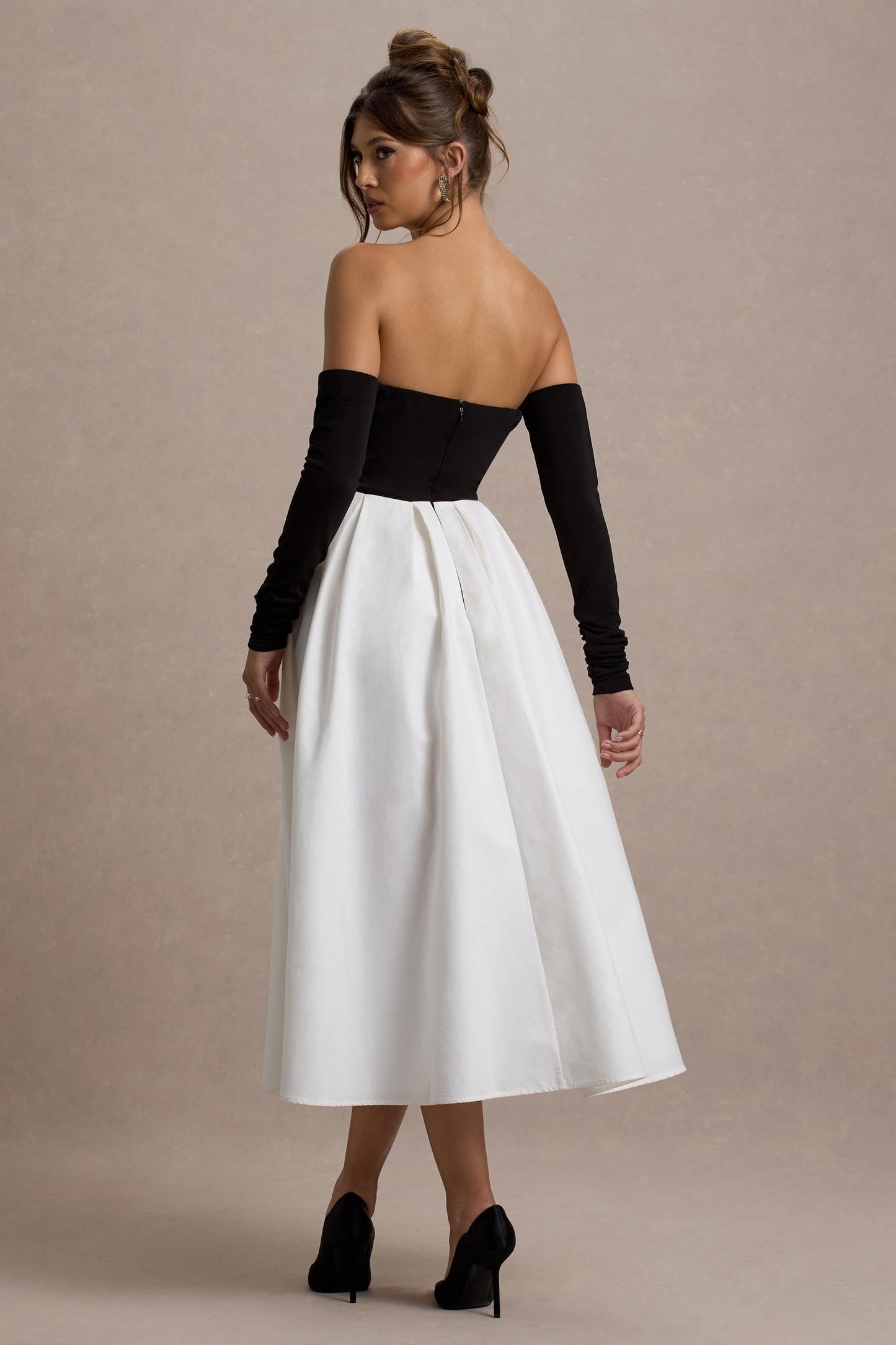 Solada | Black & Cream Bardot Pleated Midi Dress