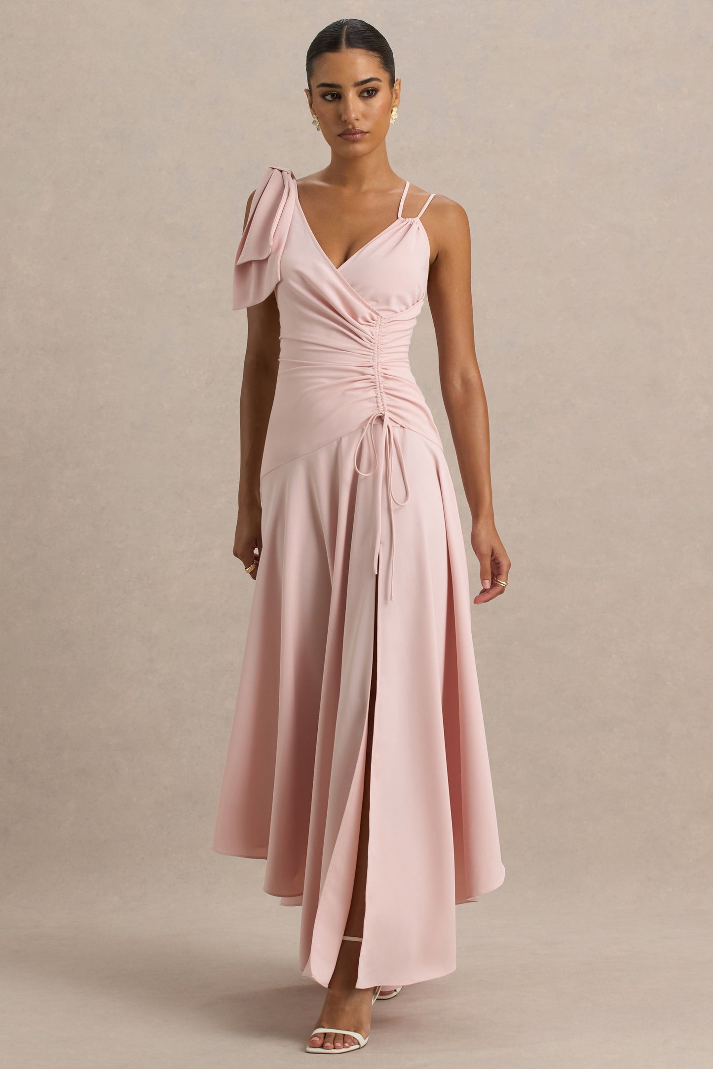 Julieta | Baby Pink Asymmetric-Neck Maxi Dress With Bow Detail And Open-Back