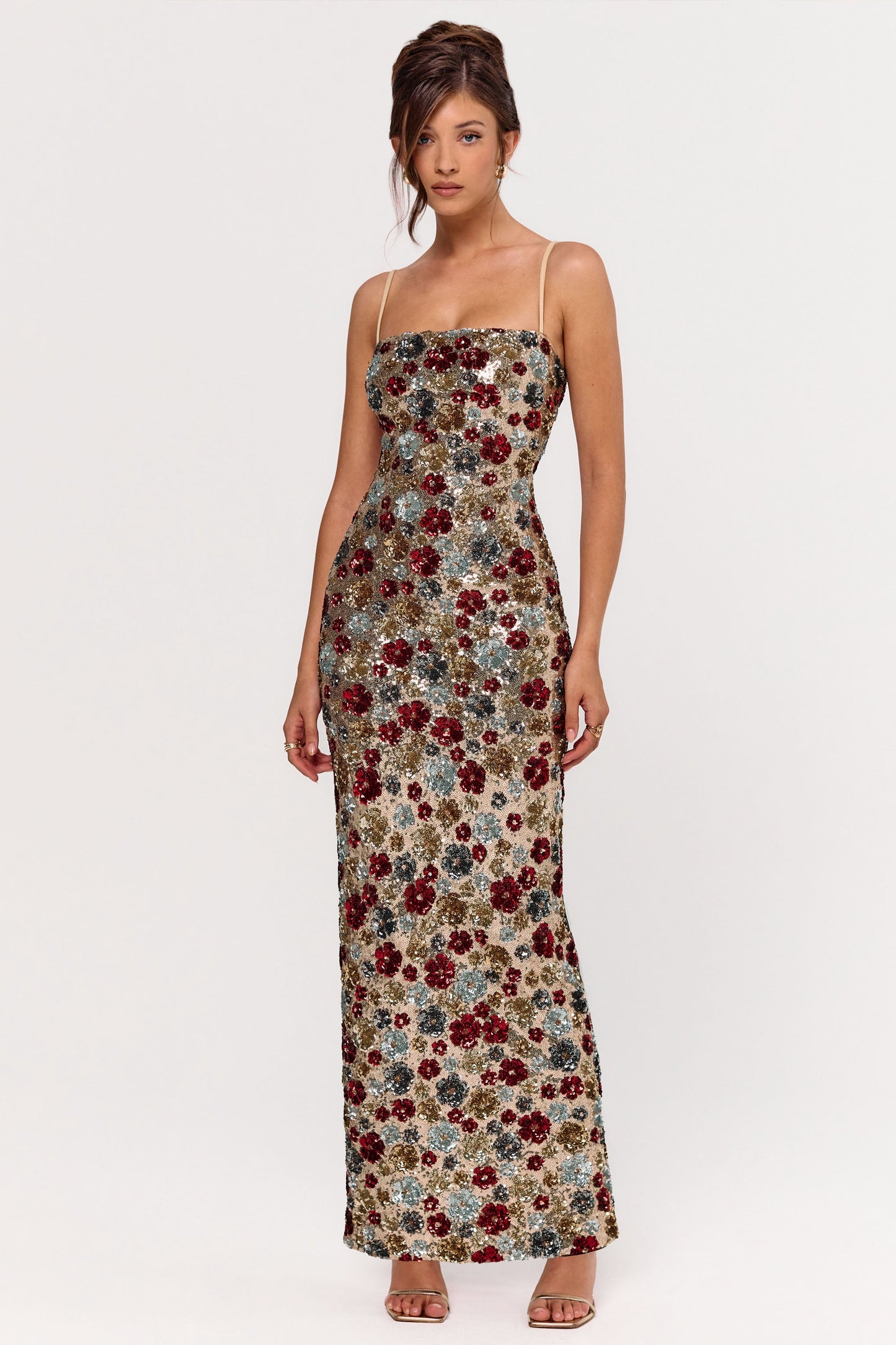 Vitora | Red Floral Sequin Square-Neck Maxi Dress