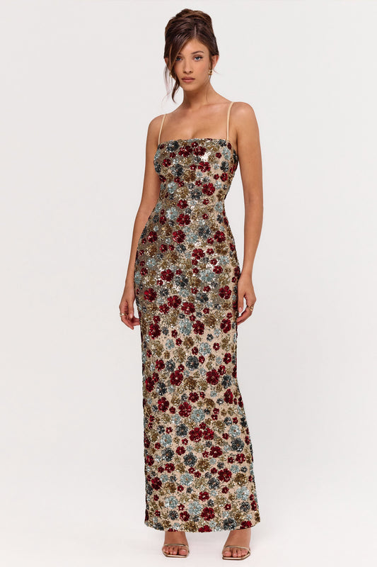 Vitora | Red Floral Sequin Square-Neck Maxi Dress