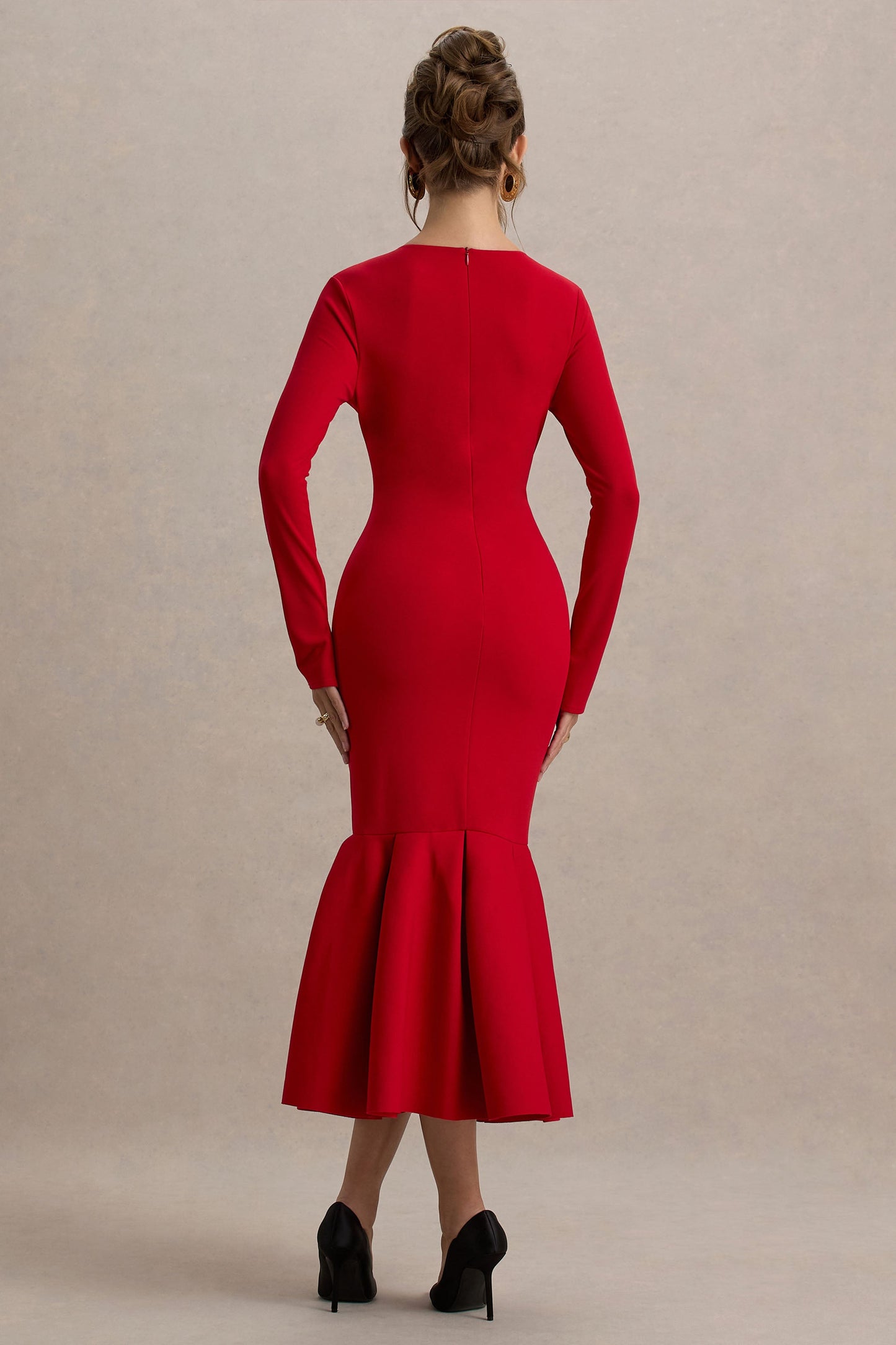 Liberty | Red High Neck Mermaid Maxi Dress With Ruffling Detail