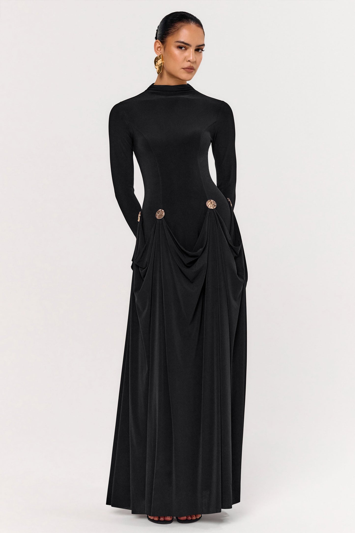 Caprice | Black High-Neck Maxi Dress With Embellished Details