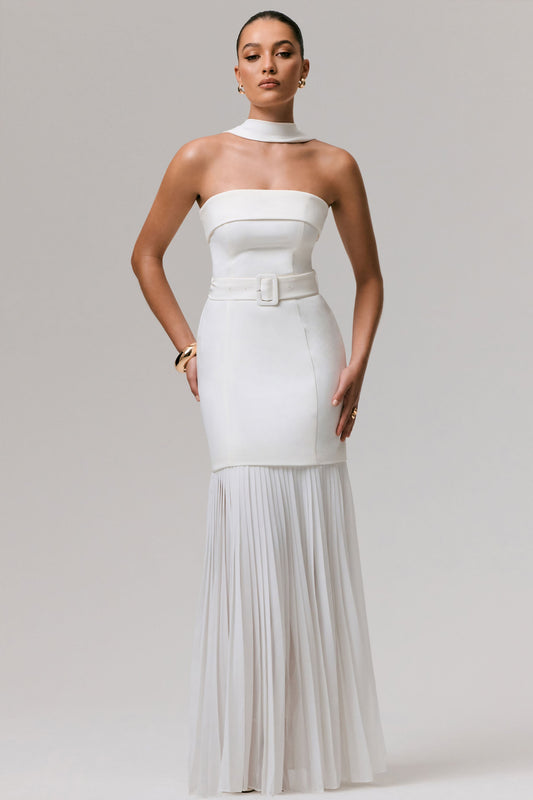 Jaquetta | White Belted Maxi Dress With Pleated Chiffon Skirt