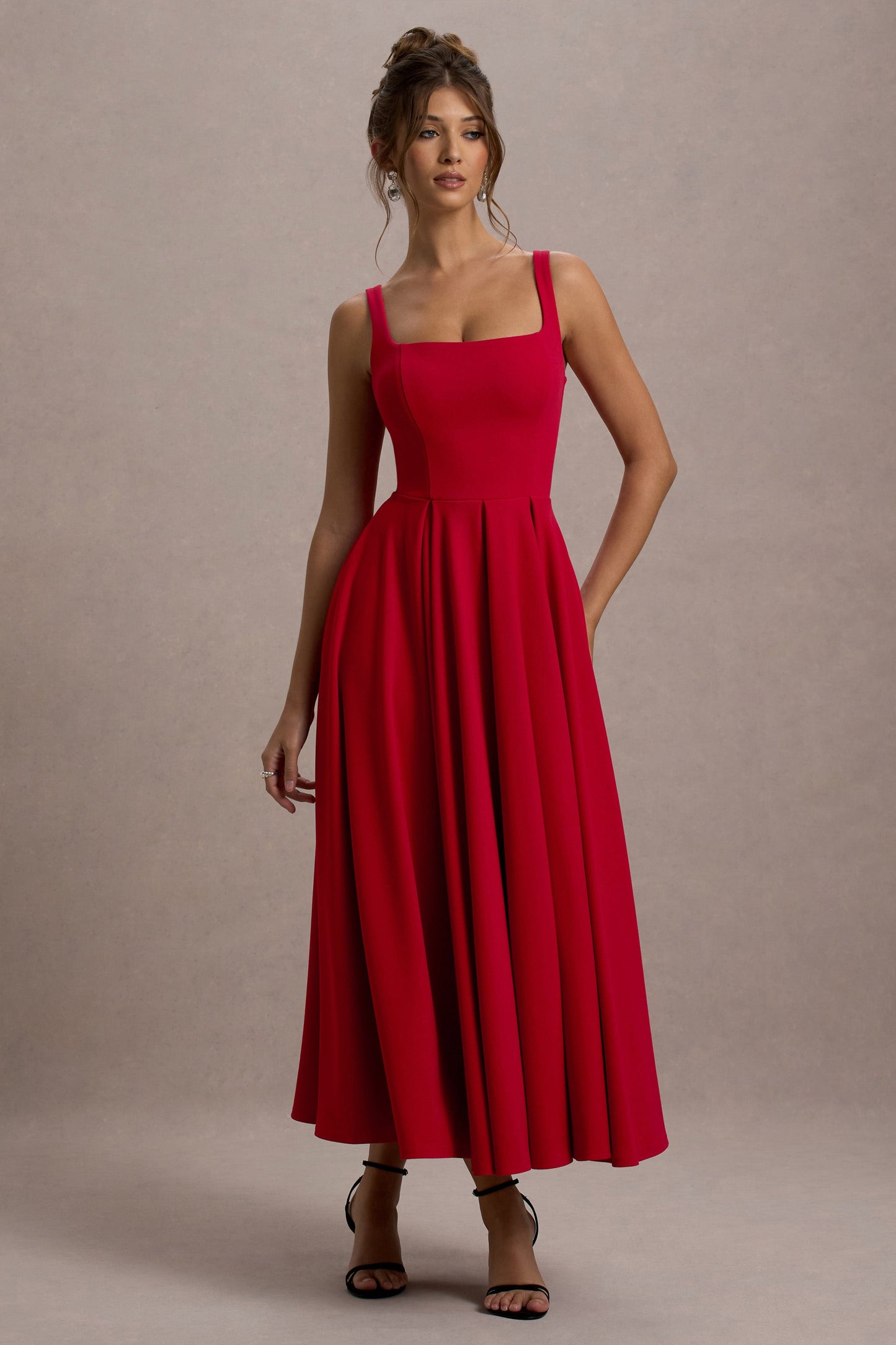 Parina | Red Strappy Volume-Hem Midi Dress