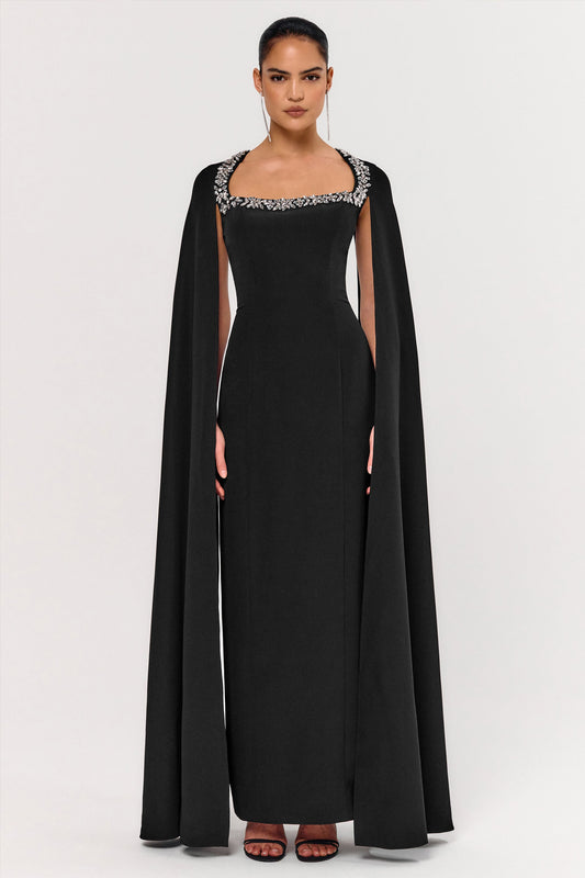 Glossy | Black Woven Square-Neck Maxi Dress With Cape Sleeves and Embellished Detail
