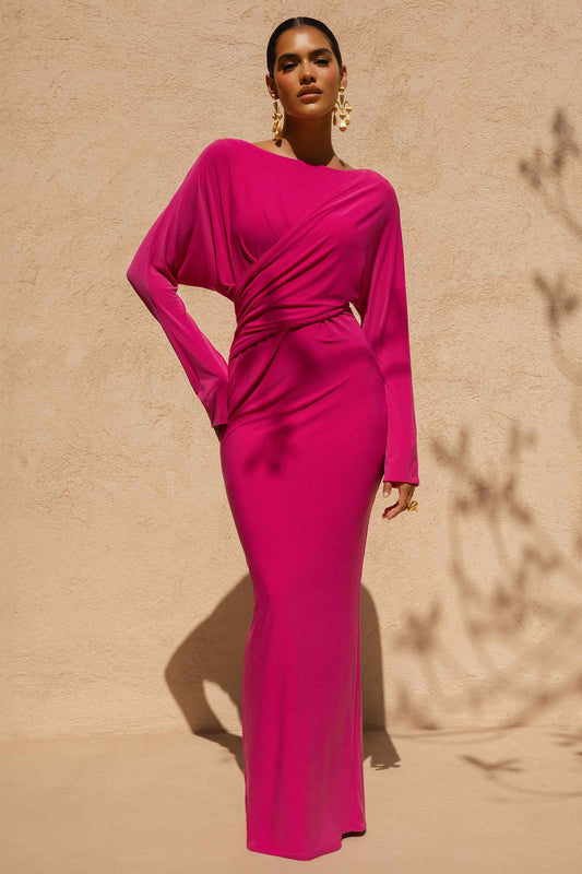 Regina | Hot Pink High-Neck Draped Wrap Maxi Dress