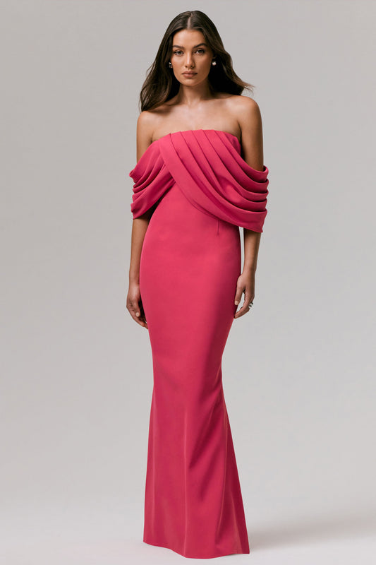Serene | Hot Pink Draped Bardot Maxi Dress