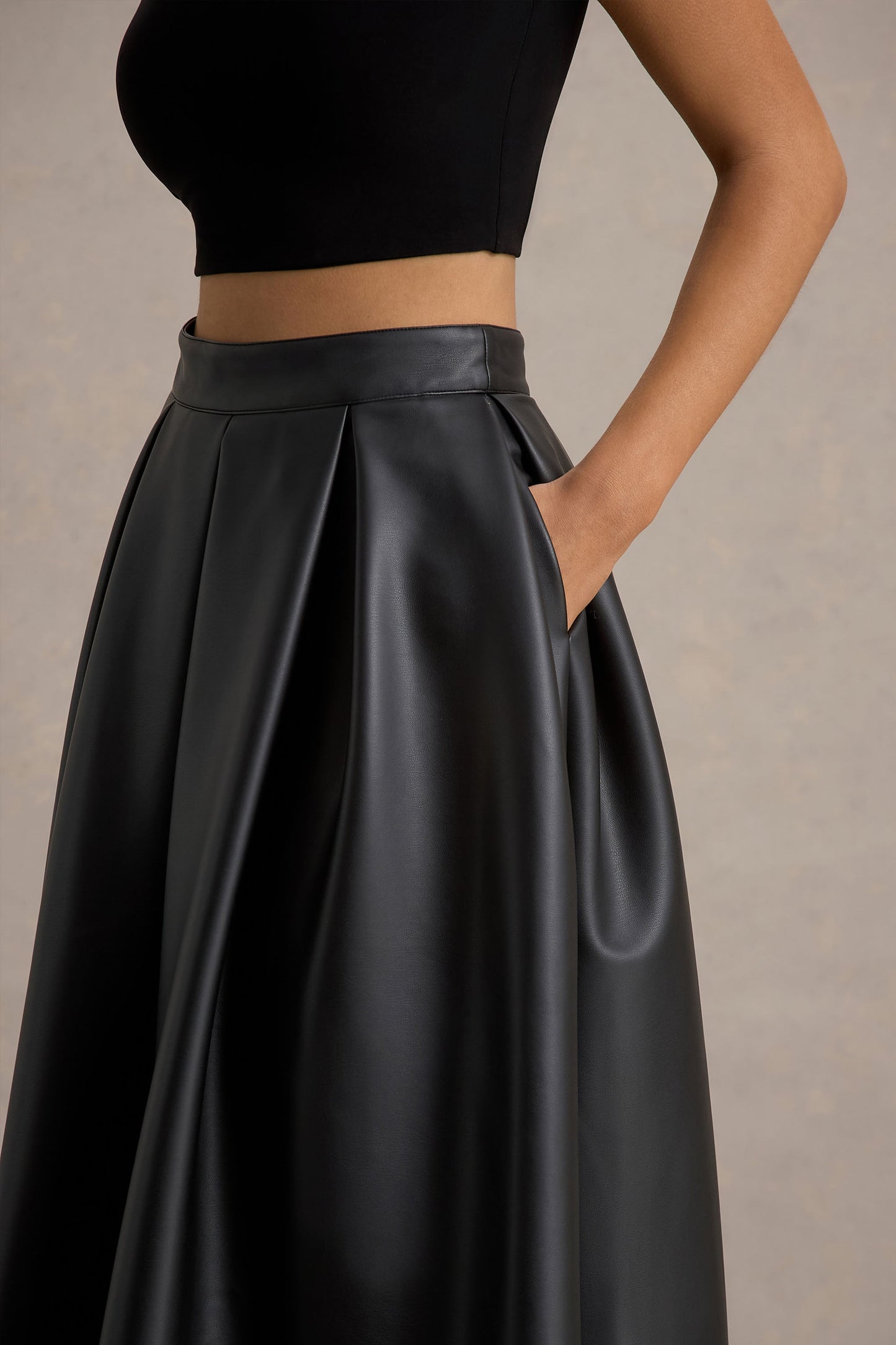 Noa | Black Faux Leather A-Line Midi Skirt
