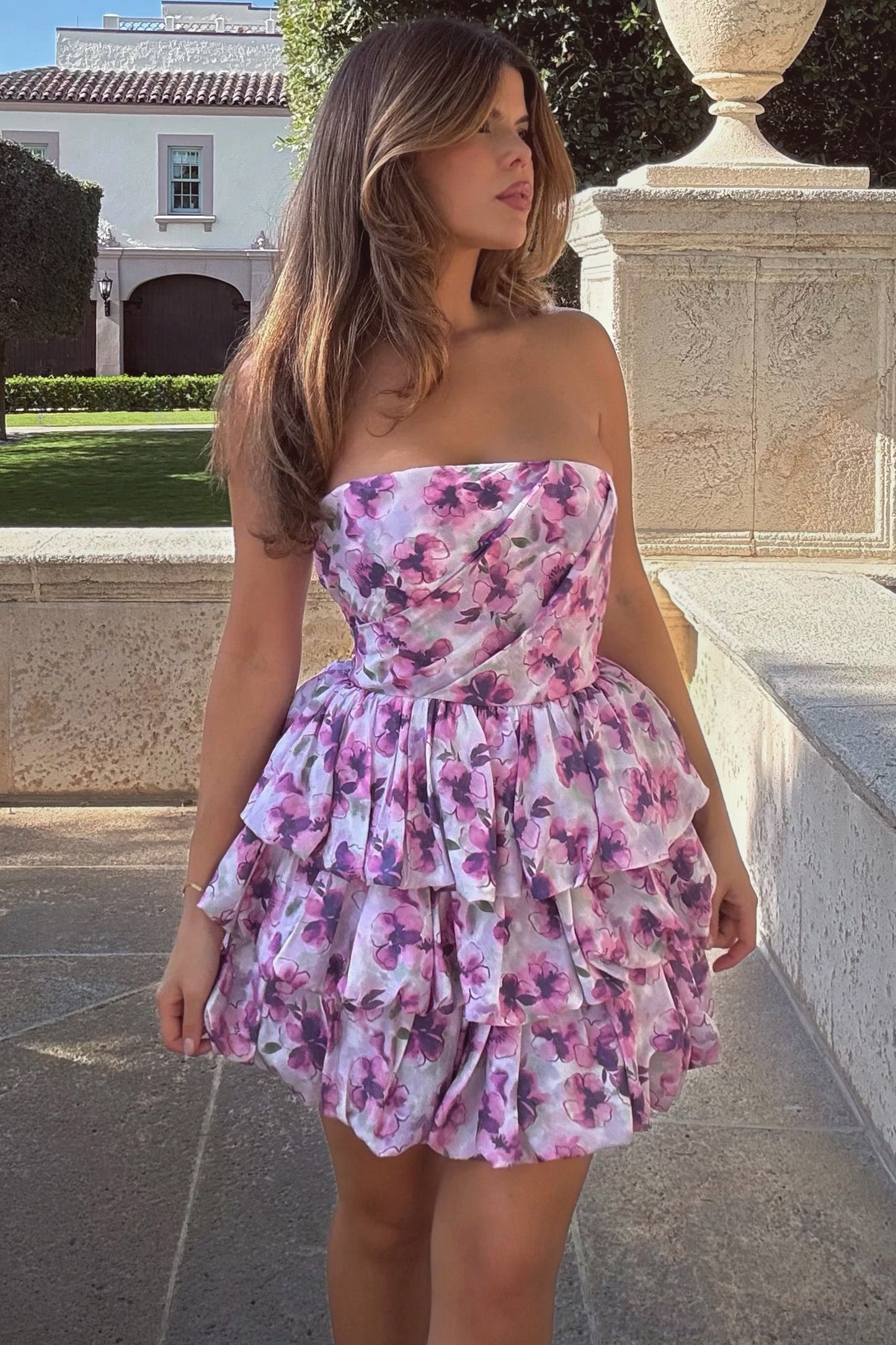 Swirl | Cream Floral Print Bandeau Puffball Mini Dress With Ruffle Detail