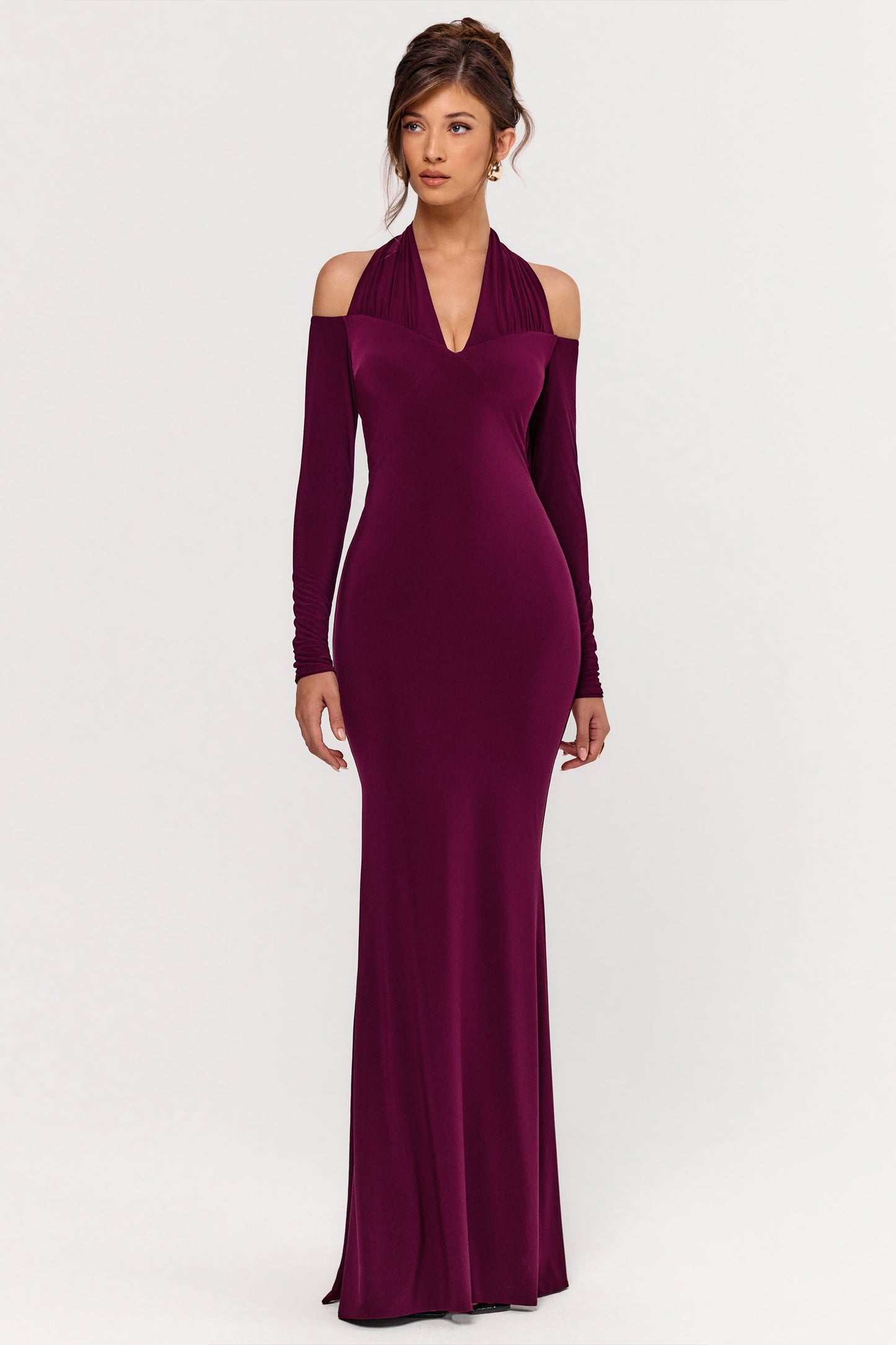 Living High | Burgundy Halter-Neck Maxi Dress With Long Sleeves