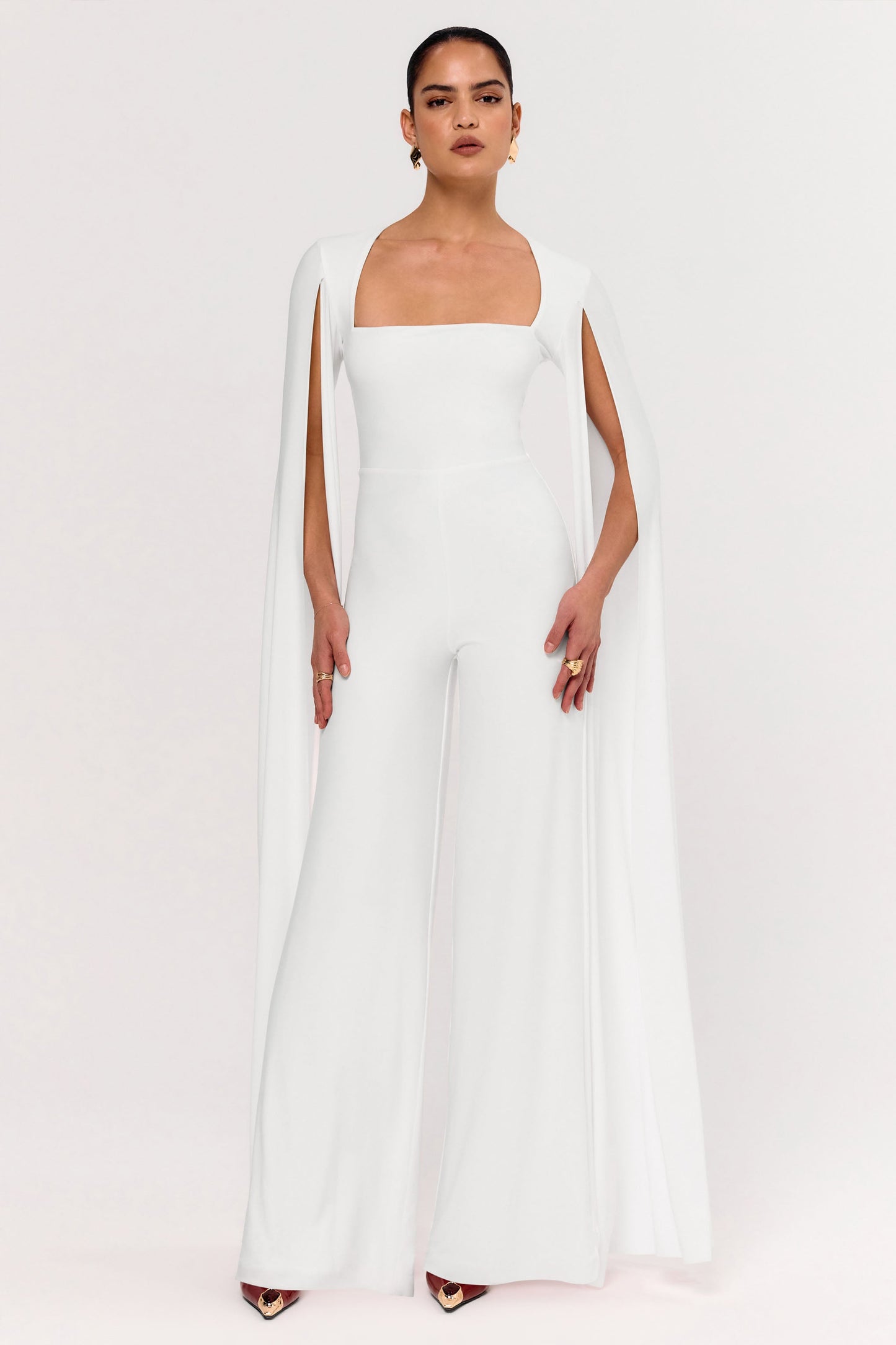 Zara | White Square-Neck Jumpsuit With Cape Sleeves