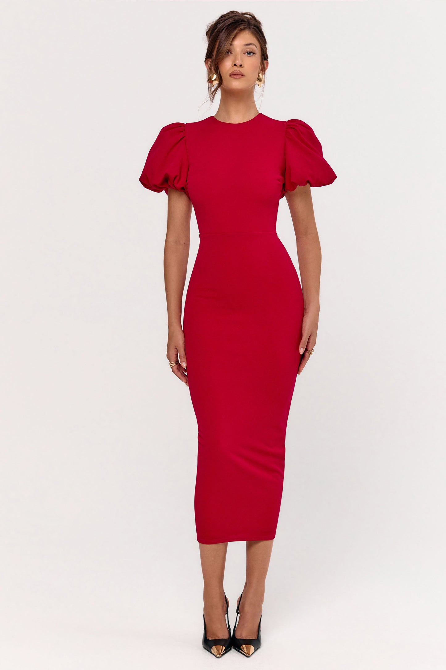 Dakota | Red Puff-Sleeve Midi Dress
