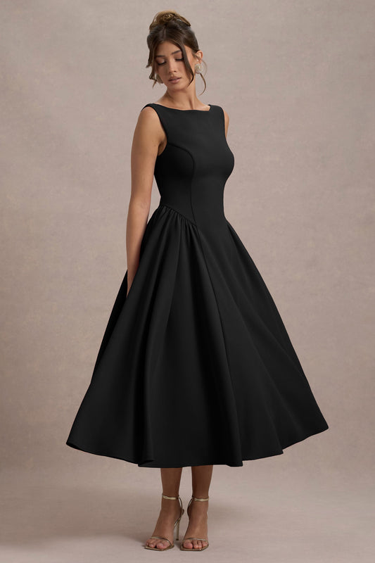 Muriel | Black Boat-Neck Volume-Hem Midi Dress