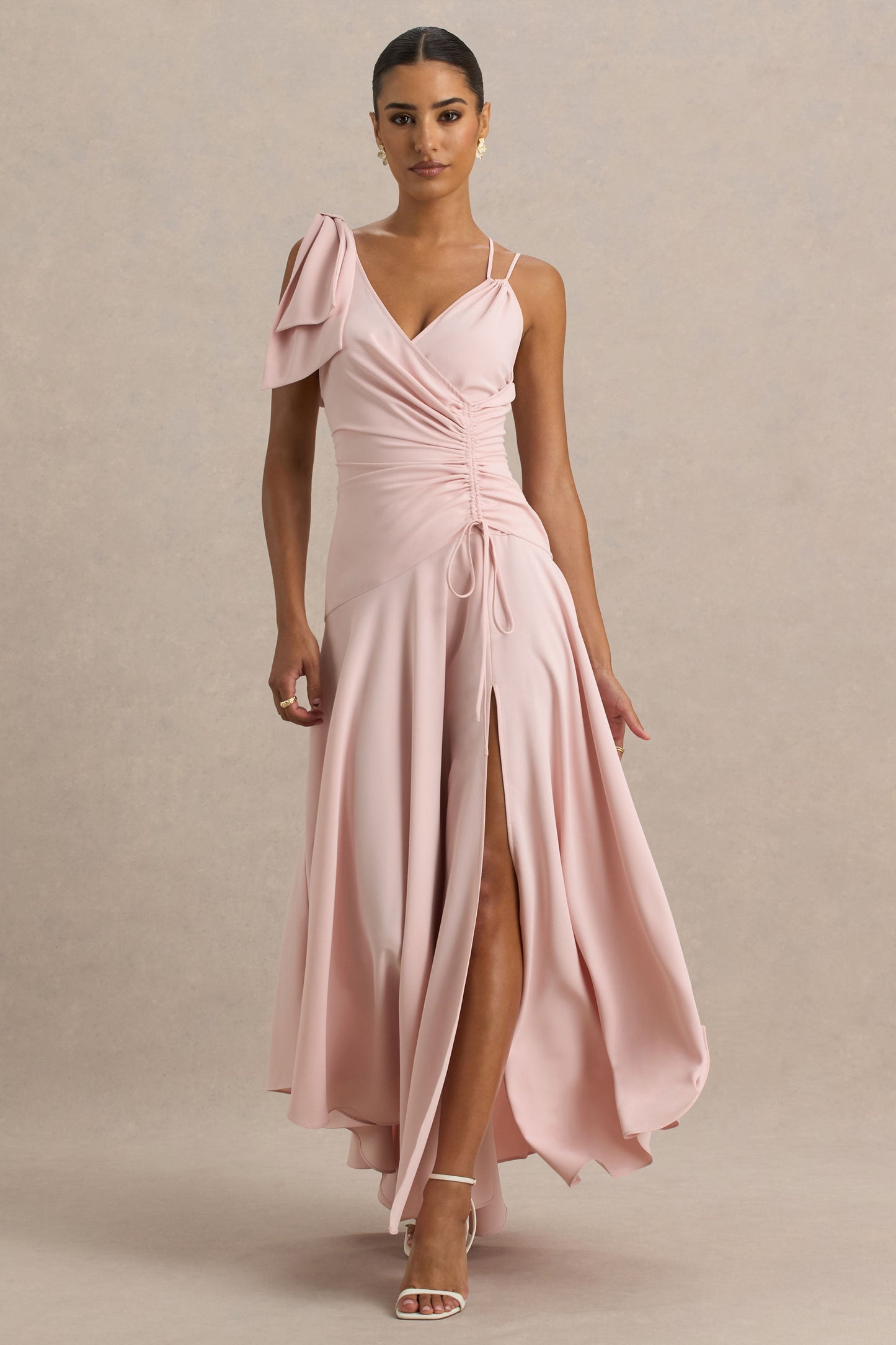 Julieta | Baby Pink Asymmetric-Neck Maxi Dress With Bow Detail And Open-Back