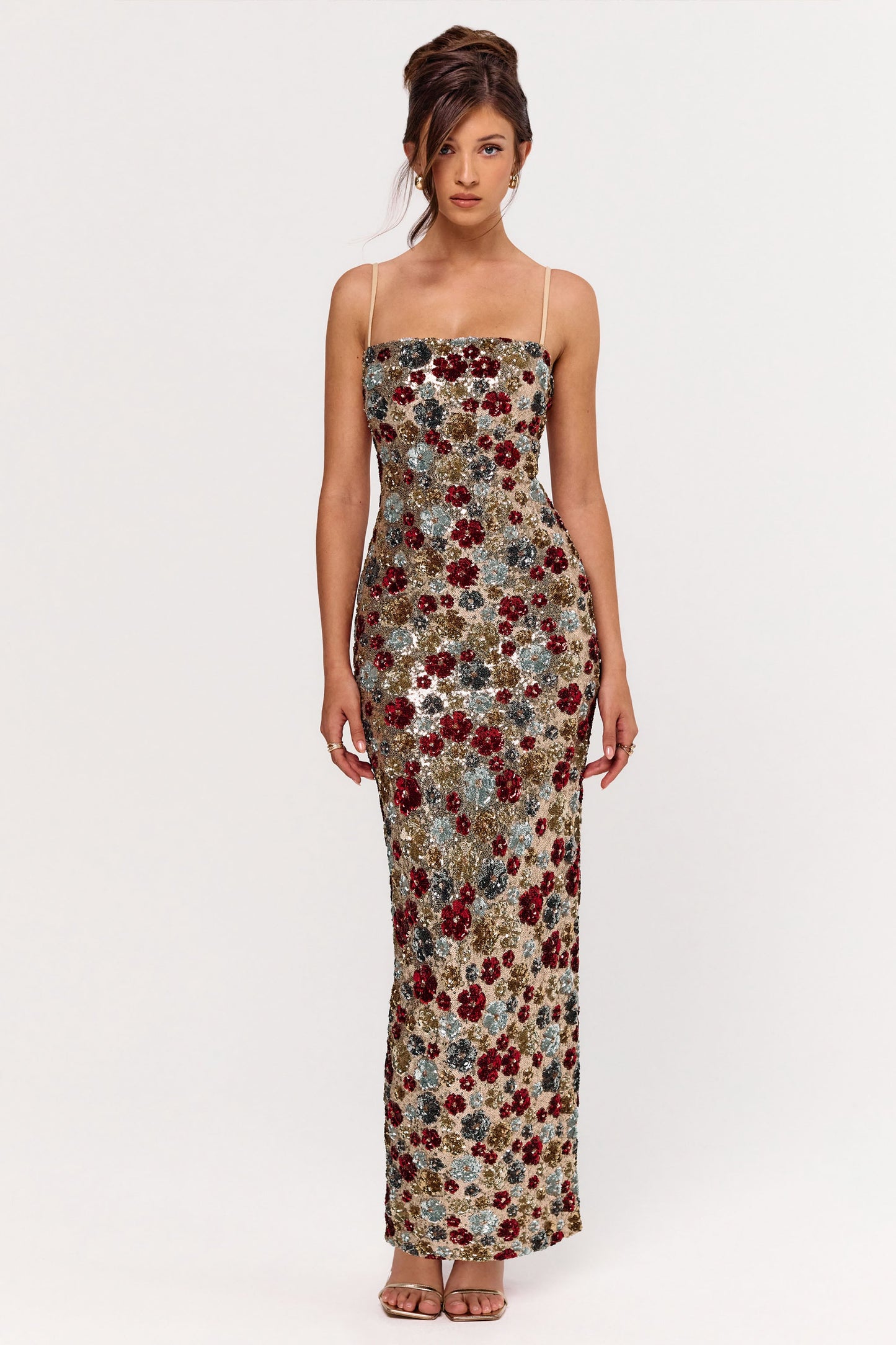 Vitora | Red Floral Sequin Square-Neck Maxi Dress