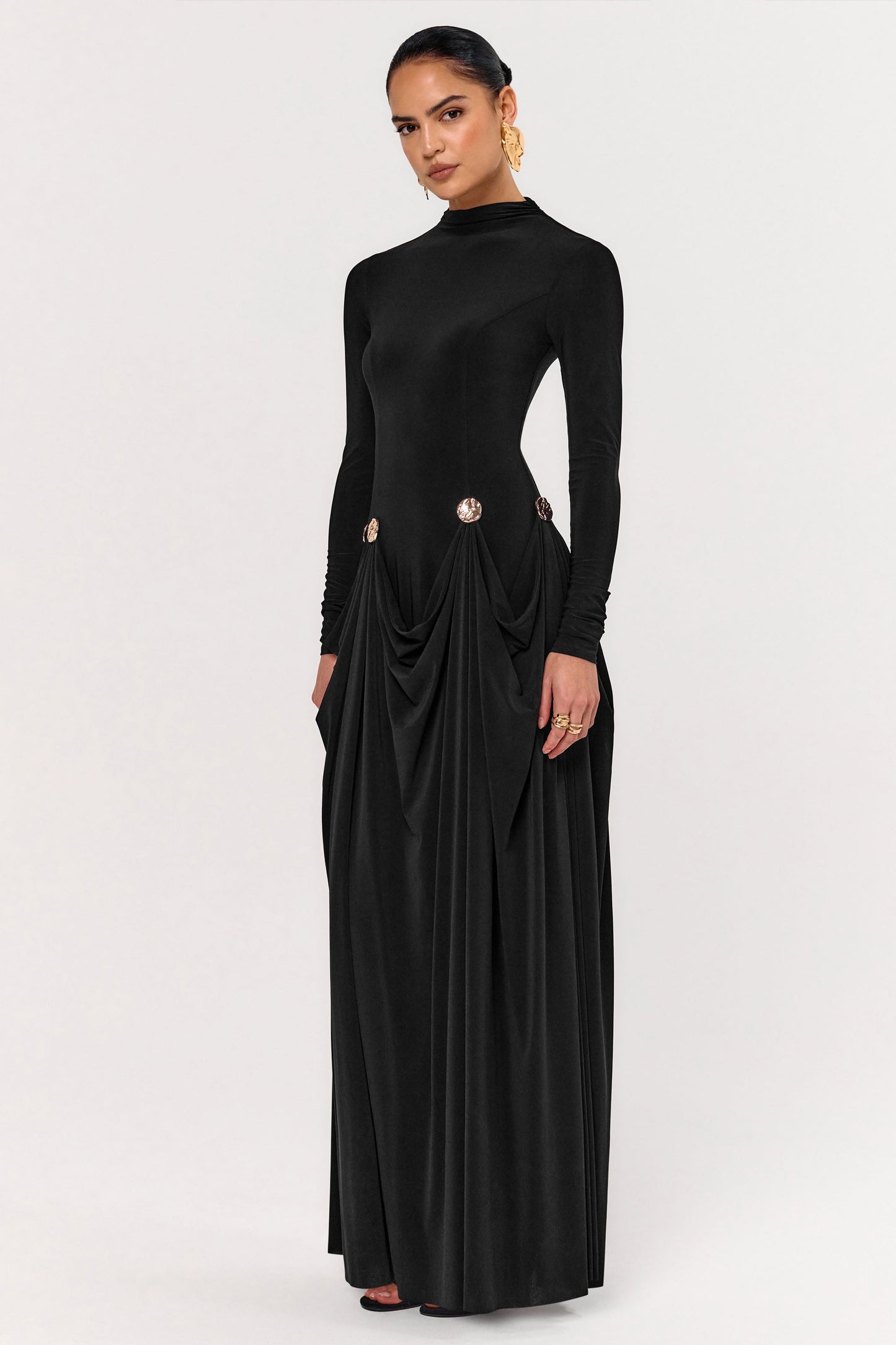 Caprice | Black High-Neck Maxi Dress With Embellished Details