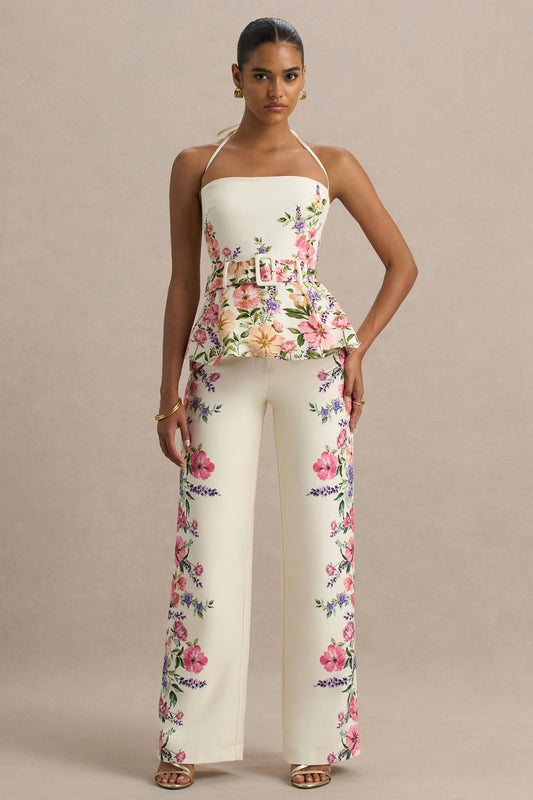 Solana | White Floral Border Print Wide-Leg Trousers